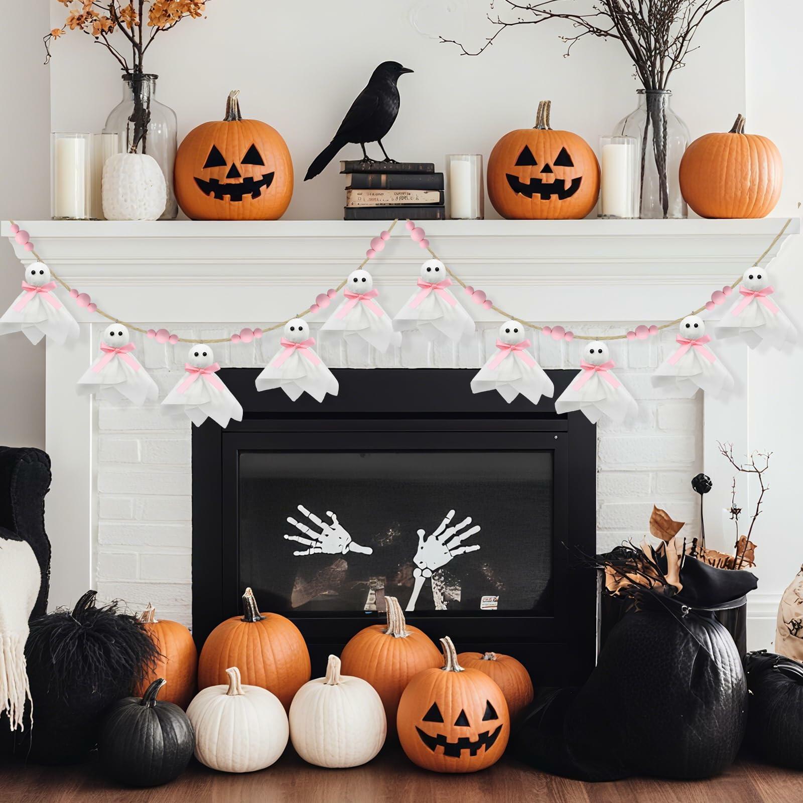 CRAFLOX Pink Halloween Garland Ghost Decor 6.6Ft Wooden Beads Small
