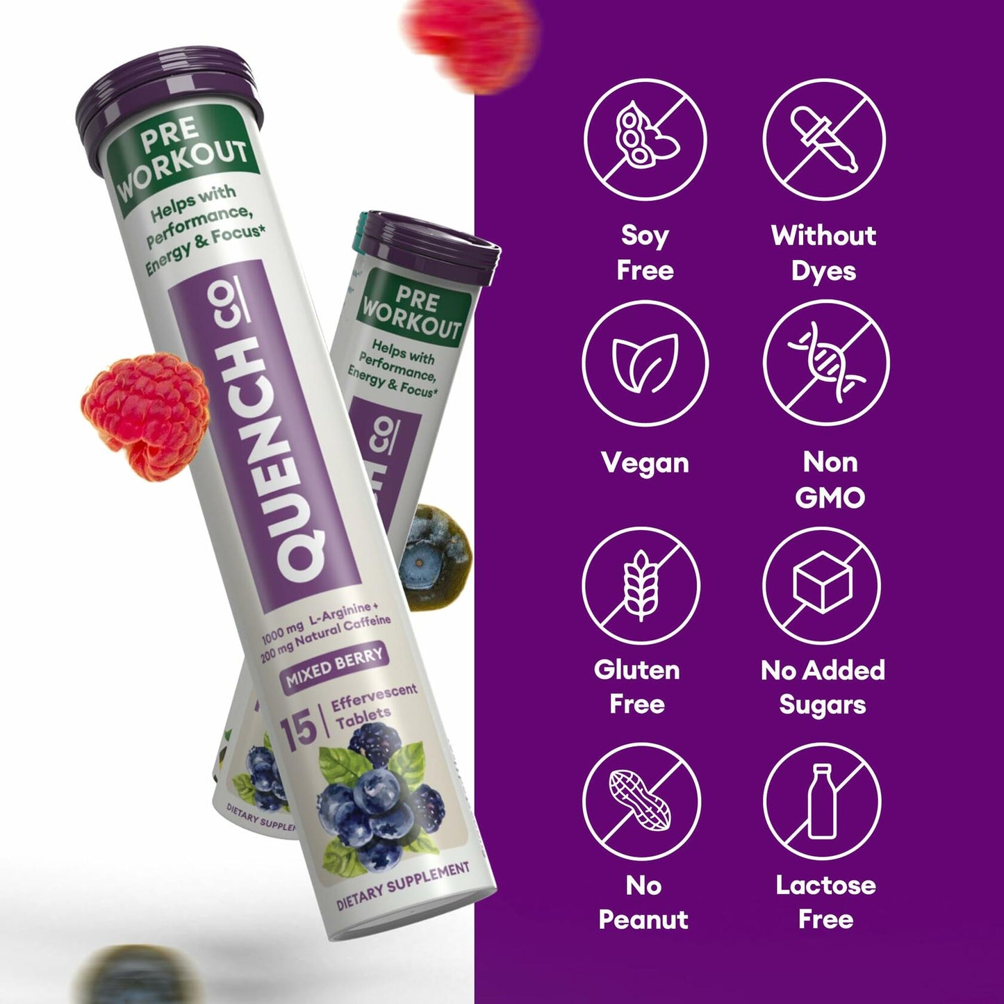 Quench Pre Workout Effervescent Tablets Vegan Keto 60 Count Mixed Berry