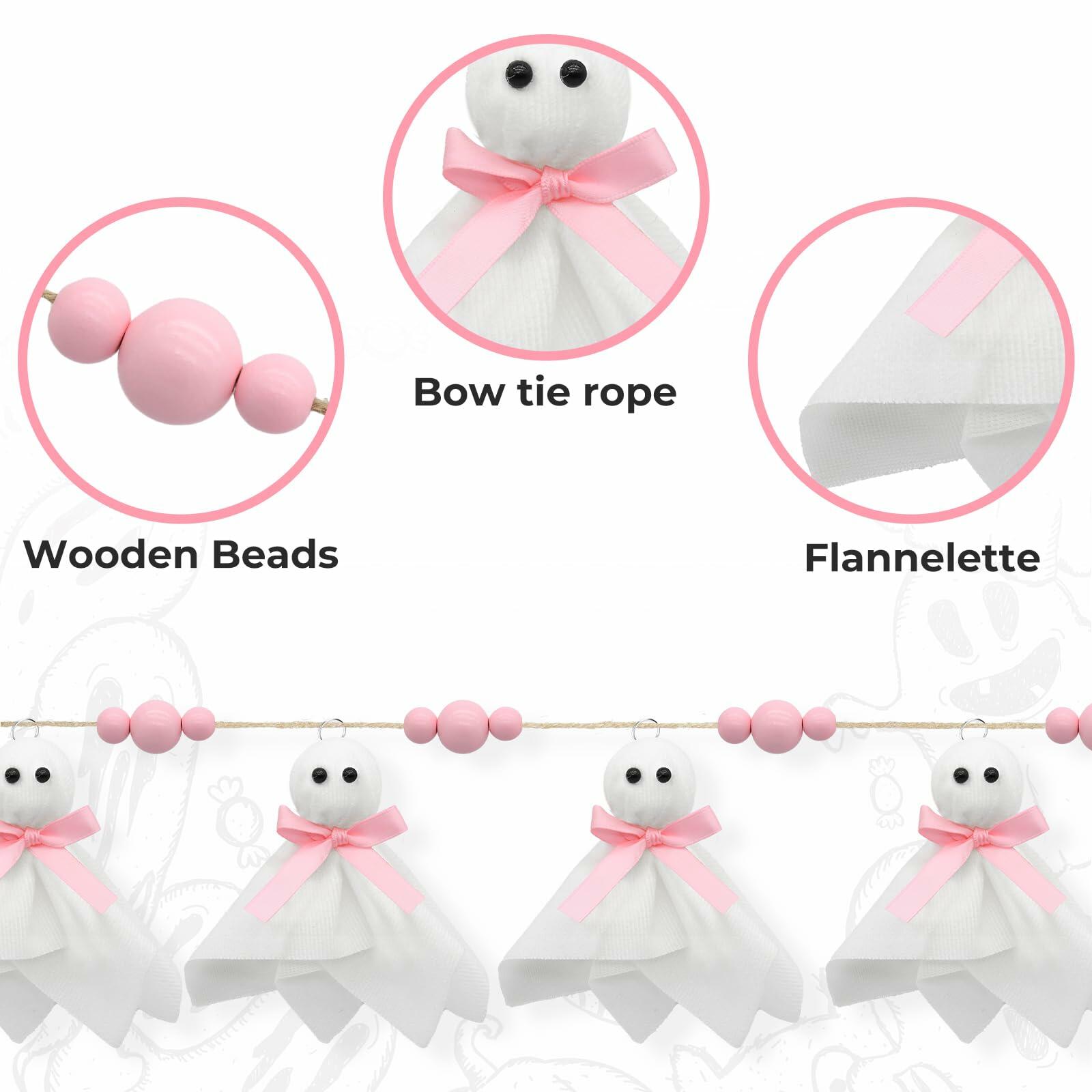 CRAFLOX Pink Halloween Garland Ghost Decor 6.6Ft Wooden Beads Small