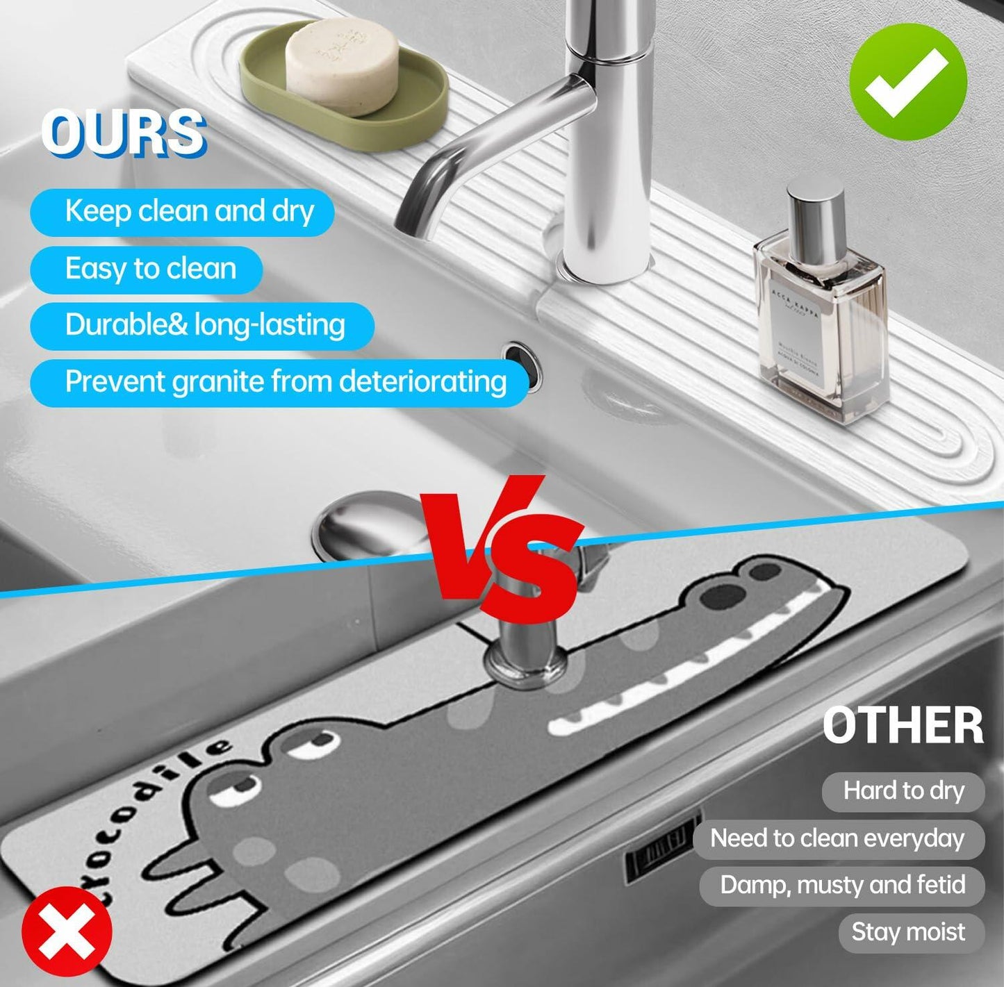 LZMYIVE Faucet Mat Kitchen Sink 24'' White Diatomite Quick Drying Stone Tray