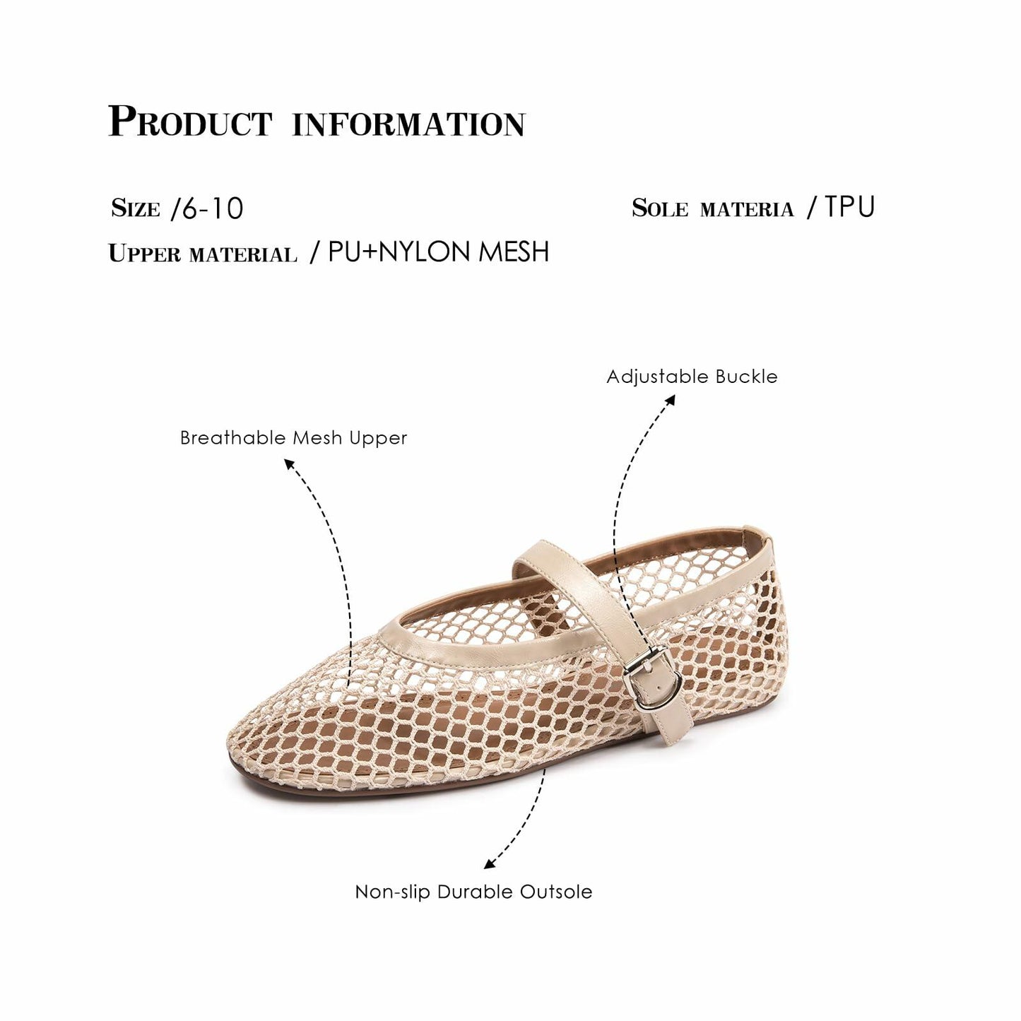 FUNKYMONKEY Women's Mesh Mary Jane Flats Shoes Nude Size 8M