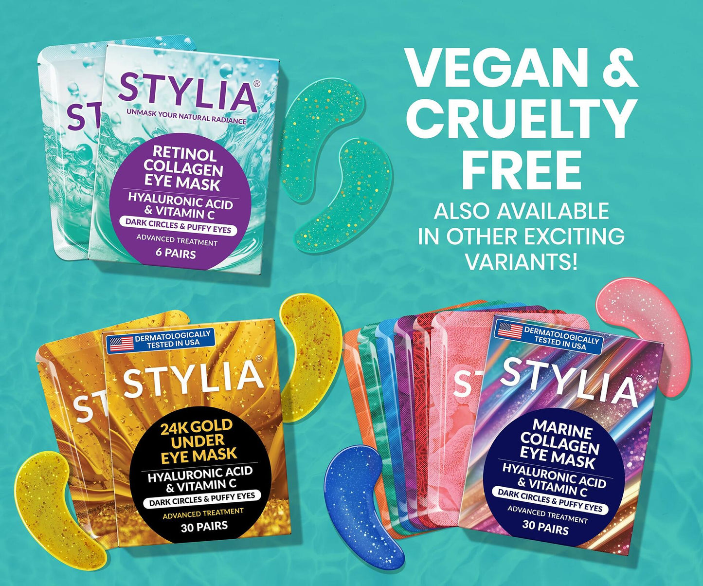 Stylia Under Eye Patches Marine Collagen Retinol Vitamin C Hyaluronic 6 Pairs