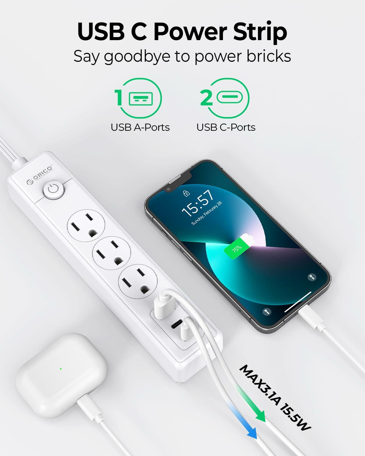 ORICO Flat Extension Cord 25ft 3 Outlets 3 USB Ports Flat Plug White