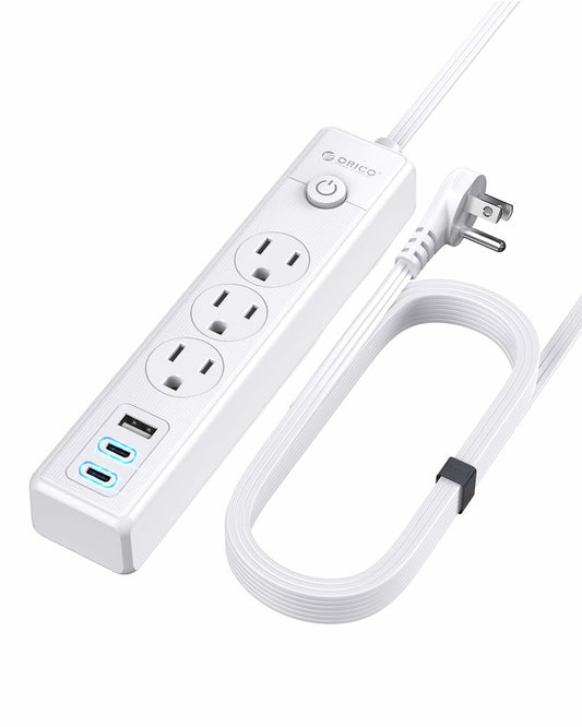 ORICO Flat Extension Cord 25ft 3 Outlets 3 USB Ports Flat Plug White