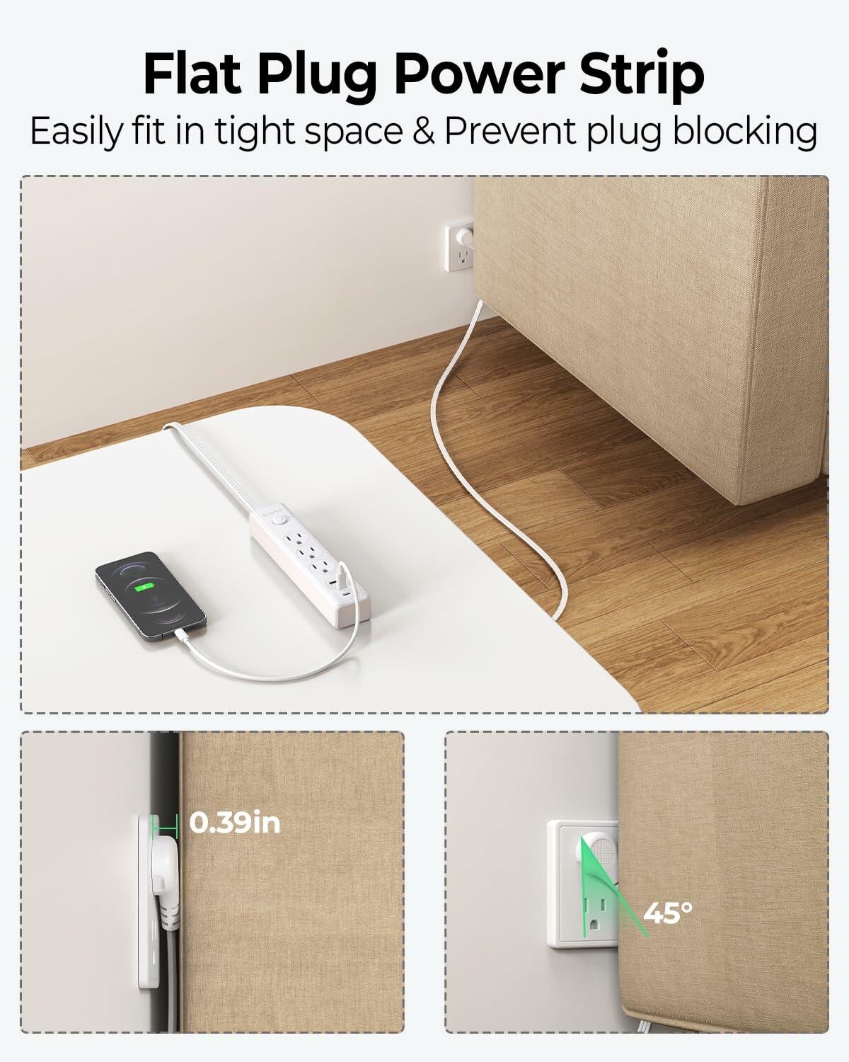 ORICO Flat Extension Cord 25ft 3 Outlets 3 USB Ports Flat Plug White