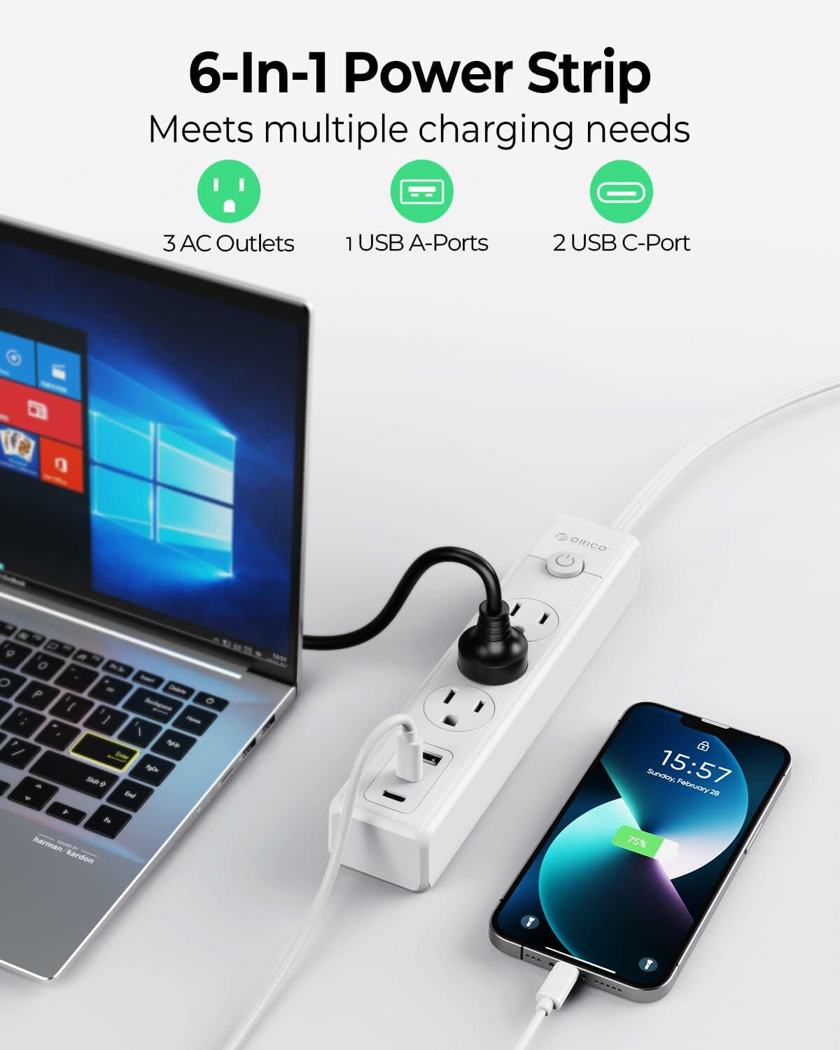 ORICO Flat Extension Cord 25ft 3 Outlets 3 USB Ports Flat Plug White