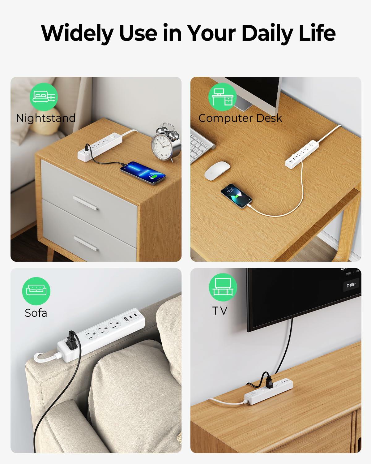 ORICO Flat Extension Cord 25ft 3 Outlets 3 USB Ports Flat Plug White