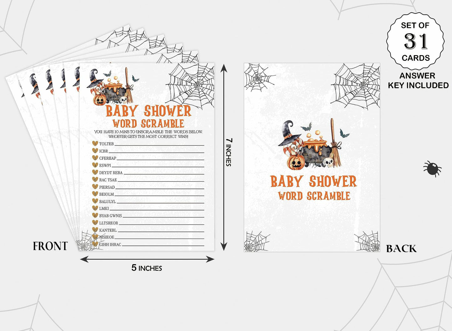 Tuyashua Halloween Baby Shower Word Scramble Game 30 Cards WY06