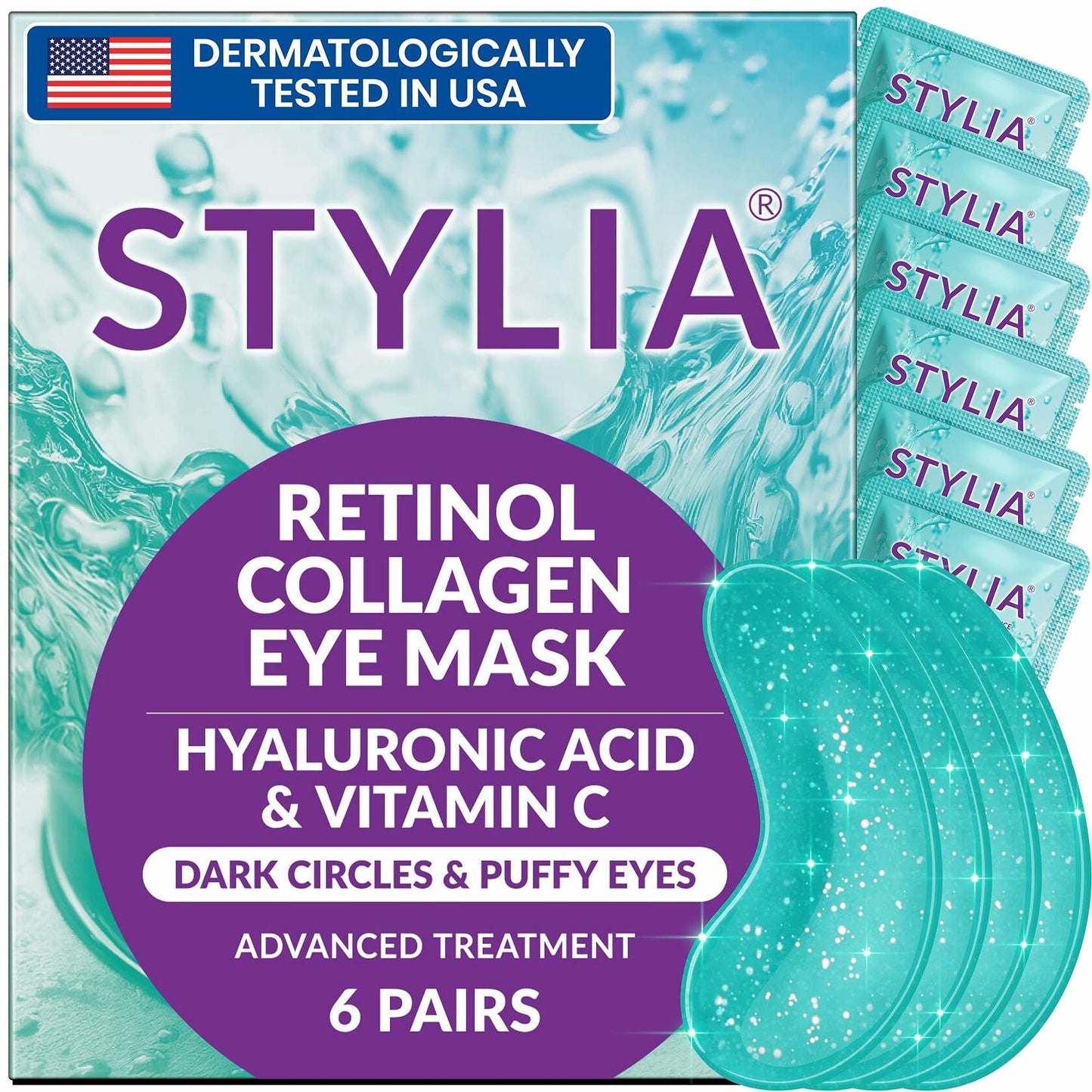 Stylia Under Eye Patches Marine Collagen Retinol Vitamin C Hyaluronic 6 Pairs