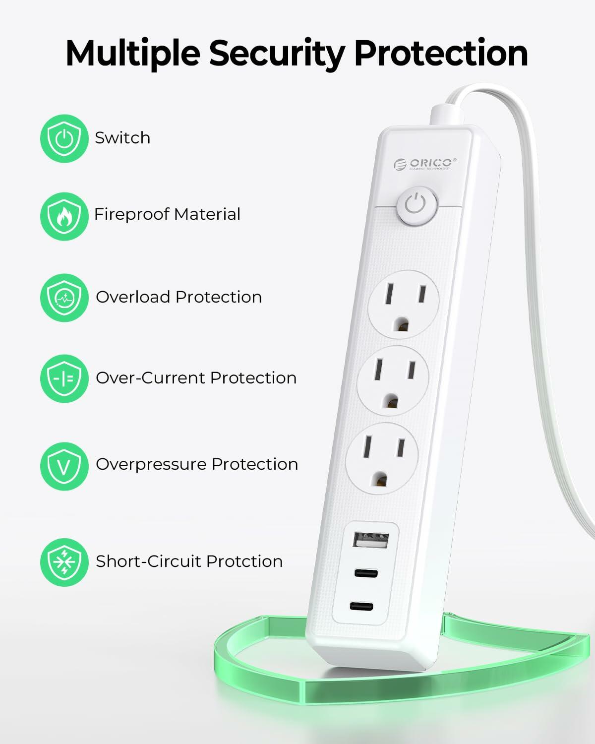ORICO Flat Extension Cord 25ft 3 Outlets 3 USB Ports Flat Plug White