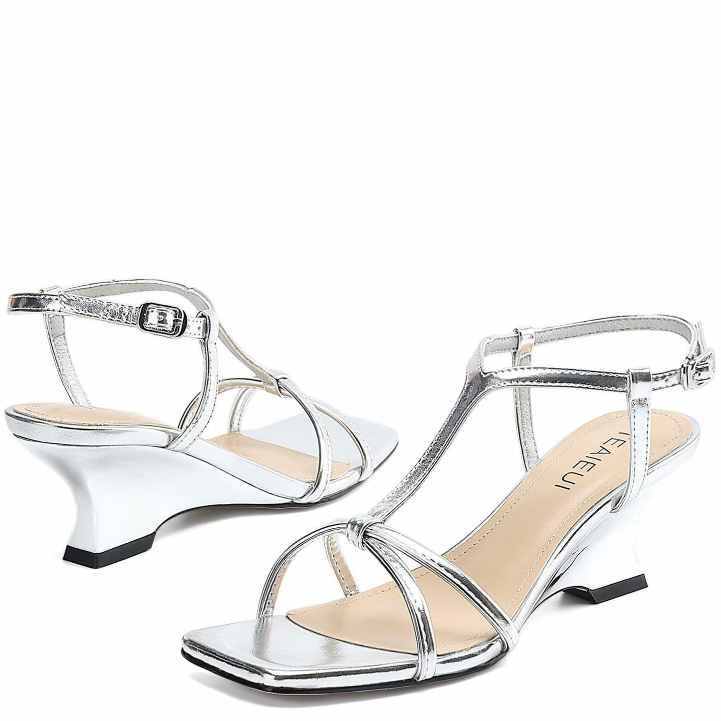 TEAIEUI Women's Silver Strappy Wedge Sandals Open Toe Heels Size 8