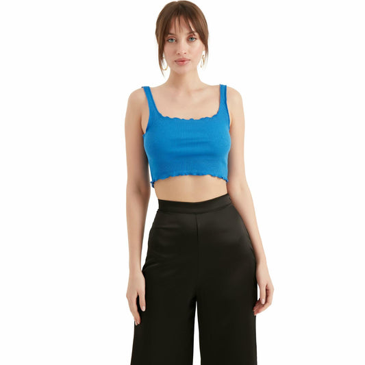 TUBANUR Women's Blue Cotton Sleeveless Crop Top Basic Fitted Tank Size S