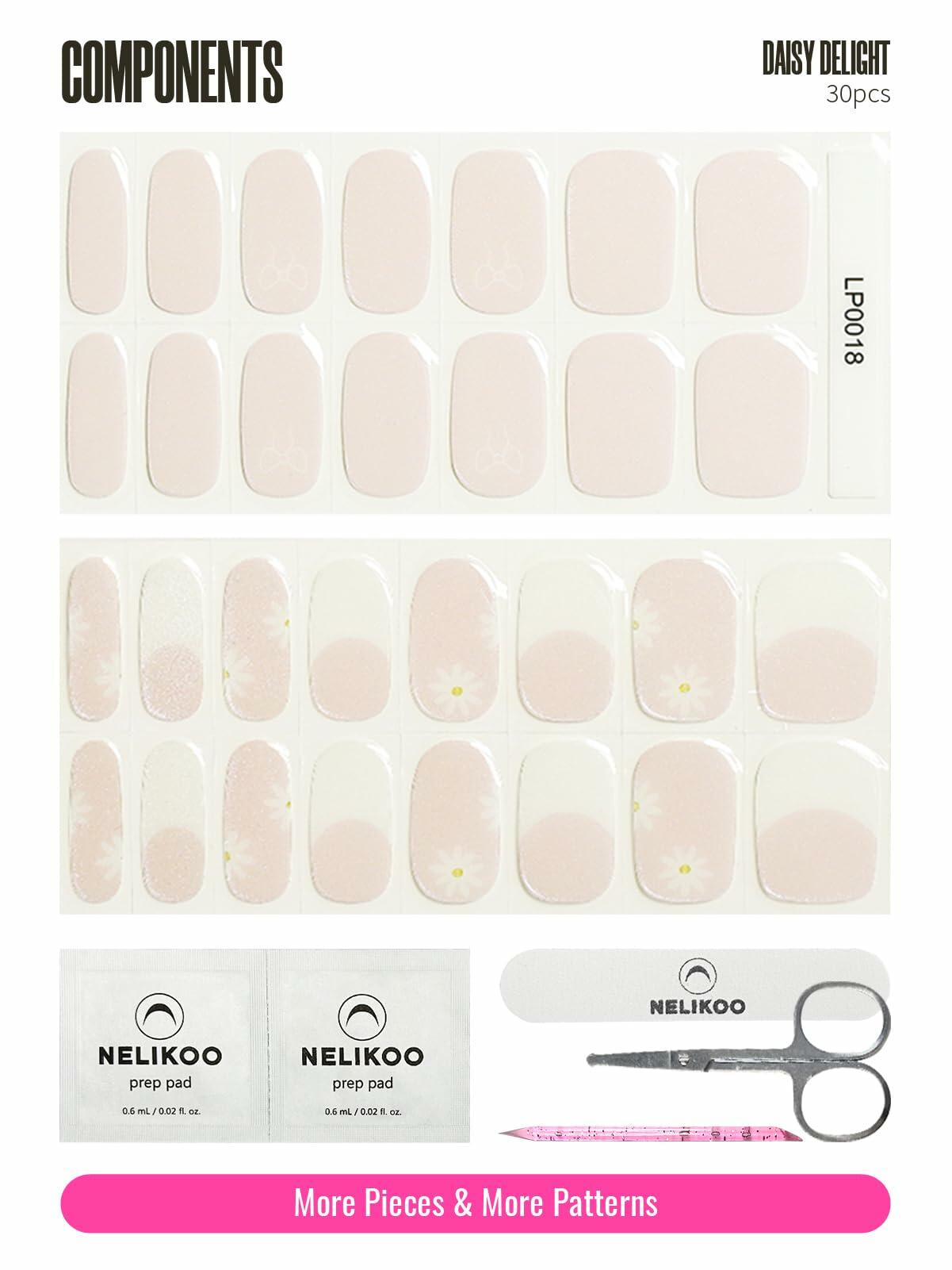 Nelikoo Semi Cured Gel Nail Strips 30 pcs Daisy Delight Floral Wraps