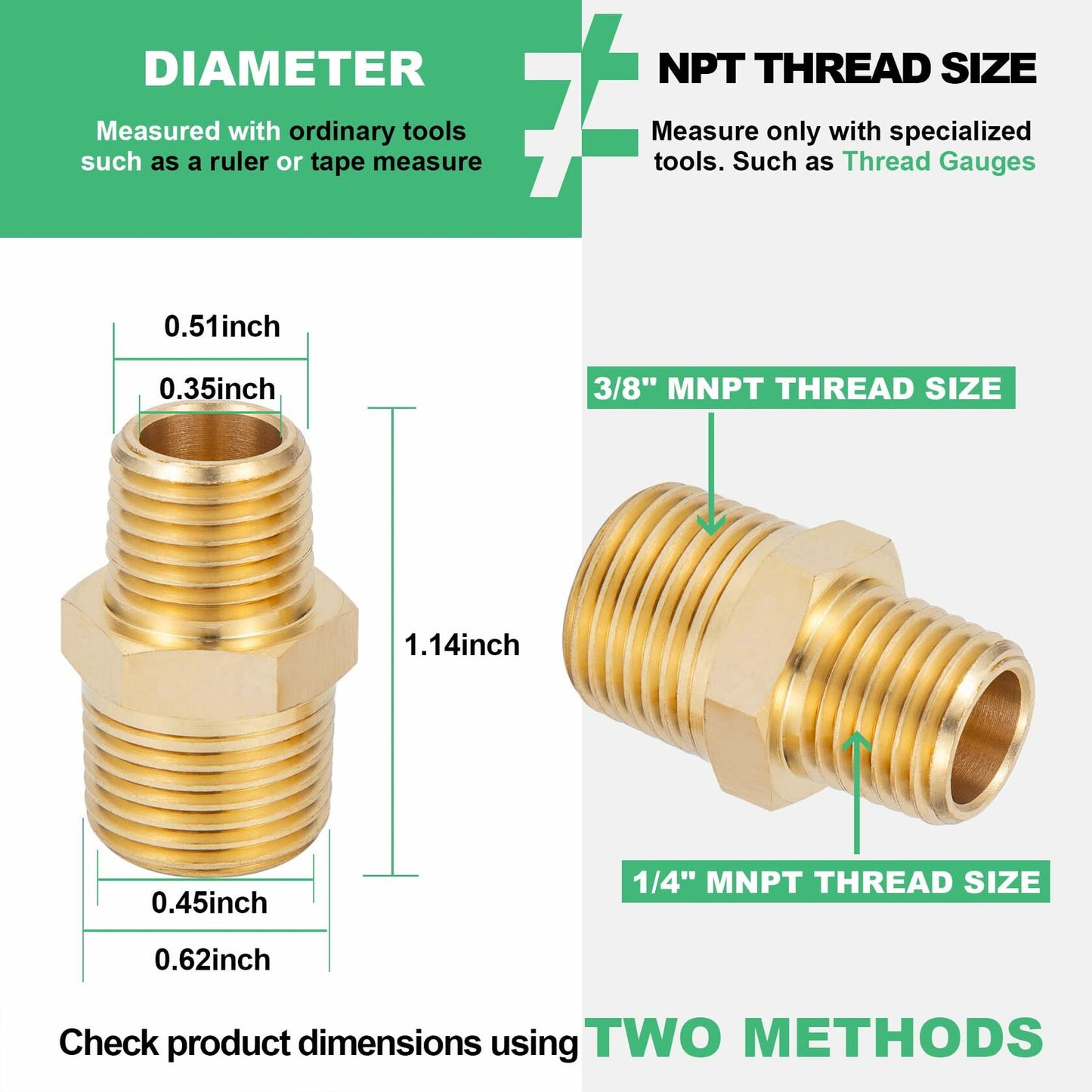 FullMayPro 2pcs Brass Hex Nipple 3/8” NPT to 1/4” NPT Adapter with Teflon Tape