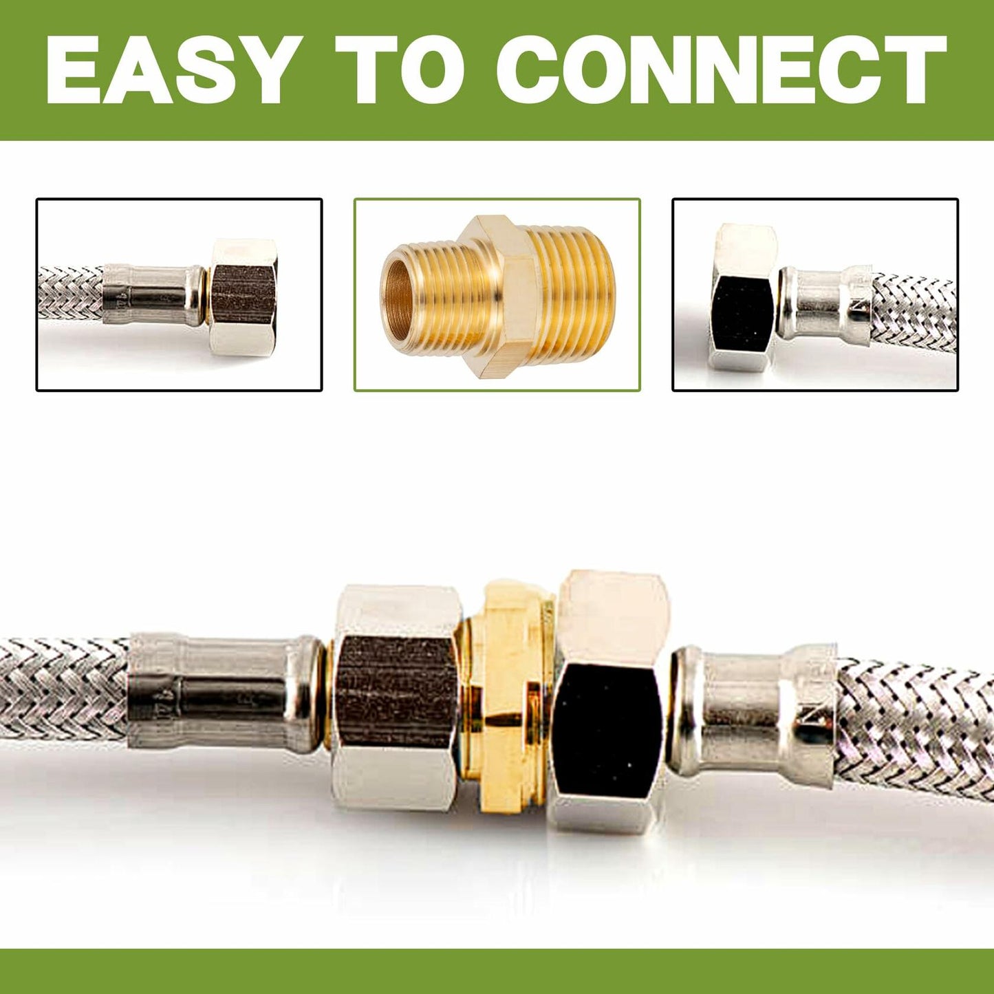 FullMayPro 2pcs Brass Hex Nipple 3/8” NPT to 1/4” NPT Adapter with Teflon Tape