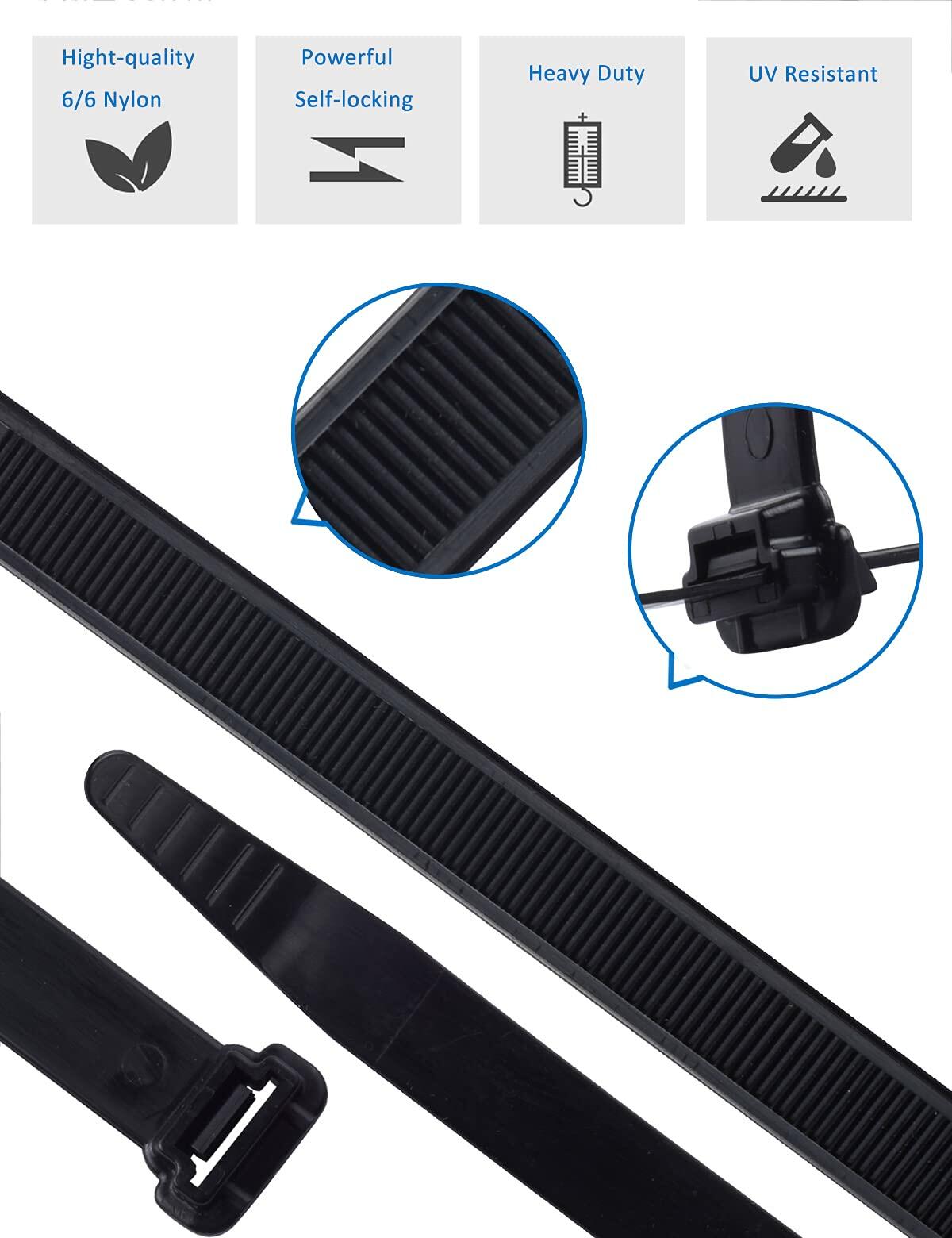 LOMAZH Cable Zip Ties 50pcs 12.2in Black Nylon 250lbs Tensile Strength