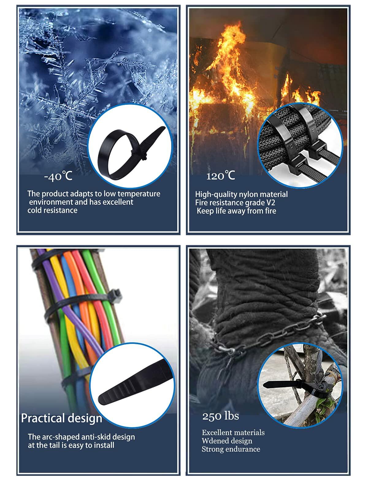 LOMAZH Cable Zip Ties 50pcs 12.2in Black Nylon 250lbs Tensile Strength