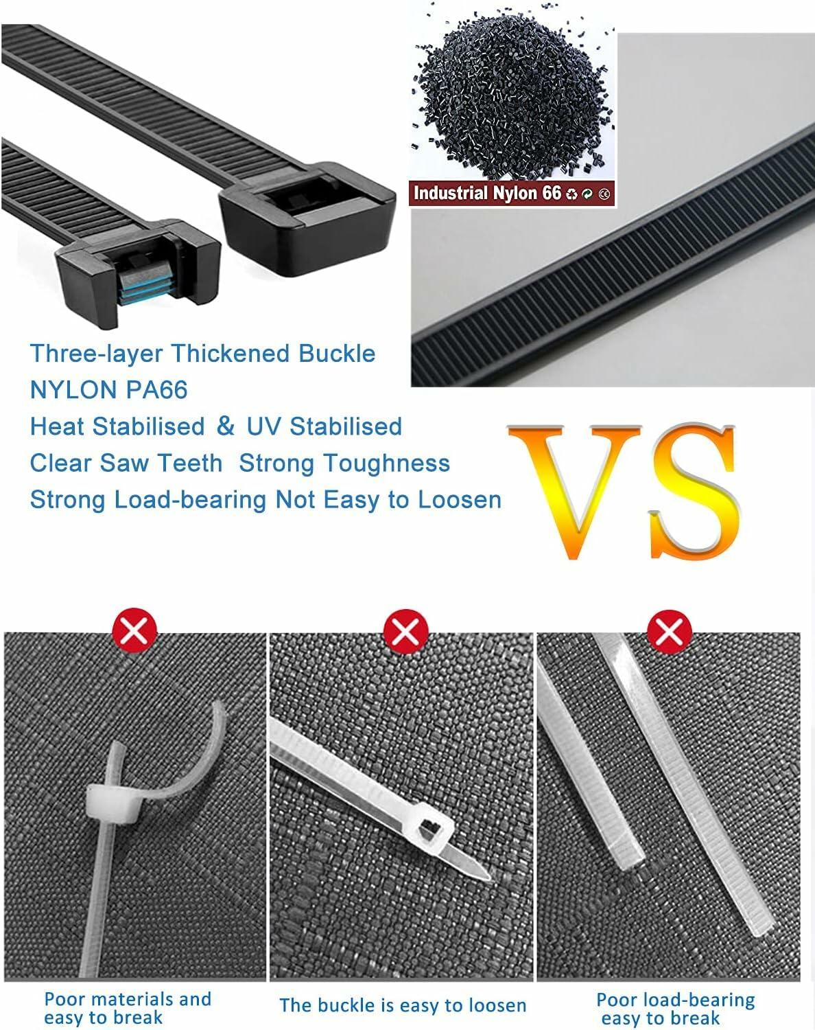 LOMAZH Cable Zip Ties 50pcs 12.2in Black Nylon 250lbs Tensile Strength