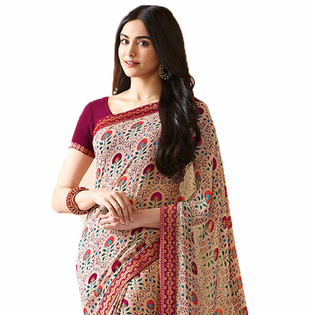 MOHIT CREATIONS Women's Partywear Printed Saree Pink Wool Georgette One Size