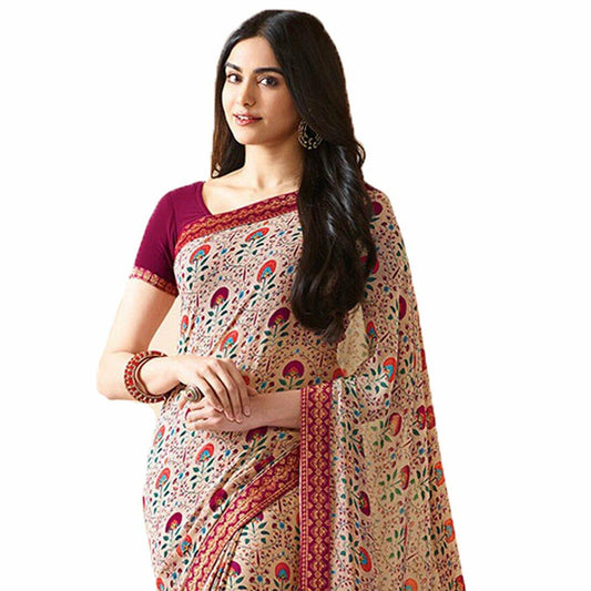 MOHIT CREATIONS Women's Partywear Printed Saree Pink Wool Georgette One Size