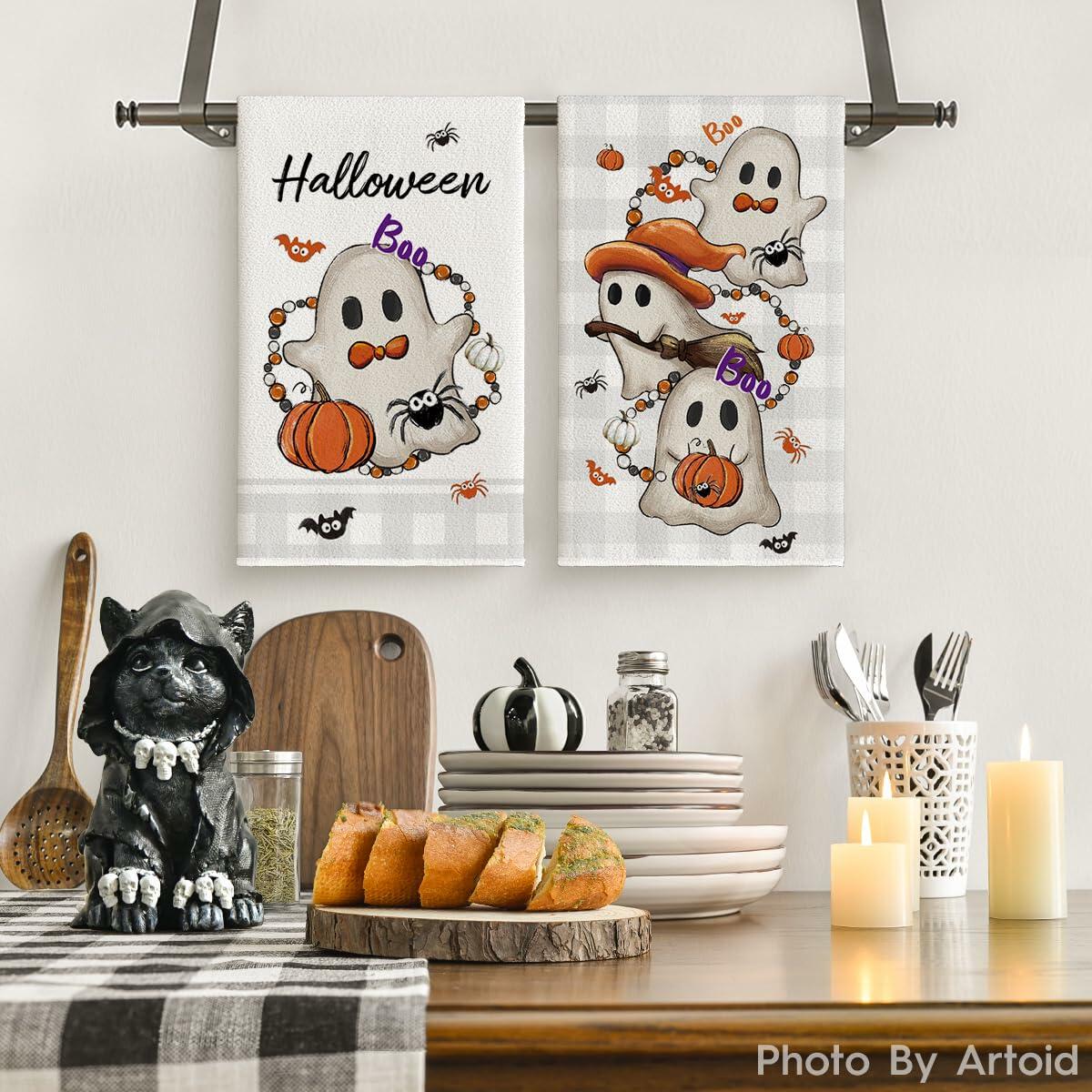 Artoid Mode Halloween Kitchen Towels Set of 2 Pumpkin Ghost Beige 18x26in