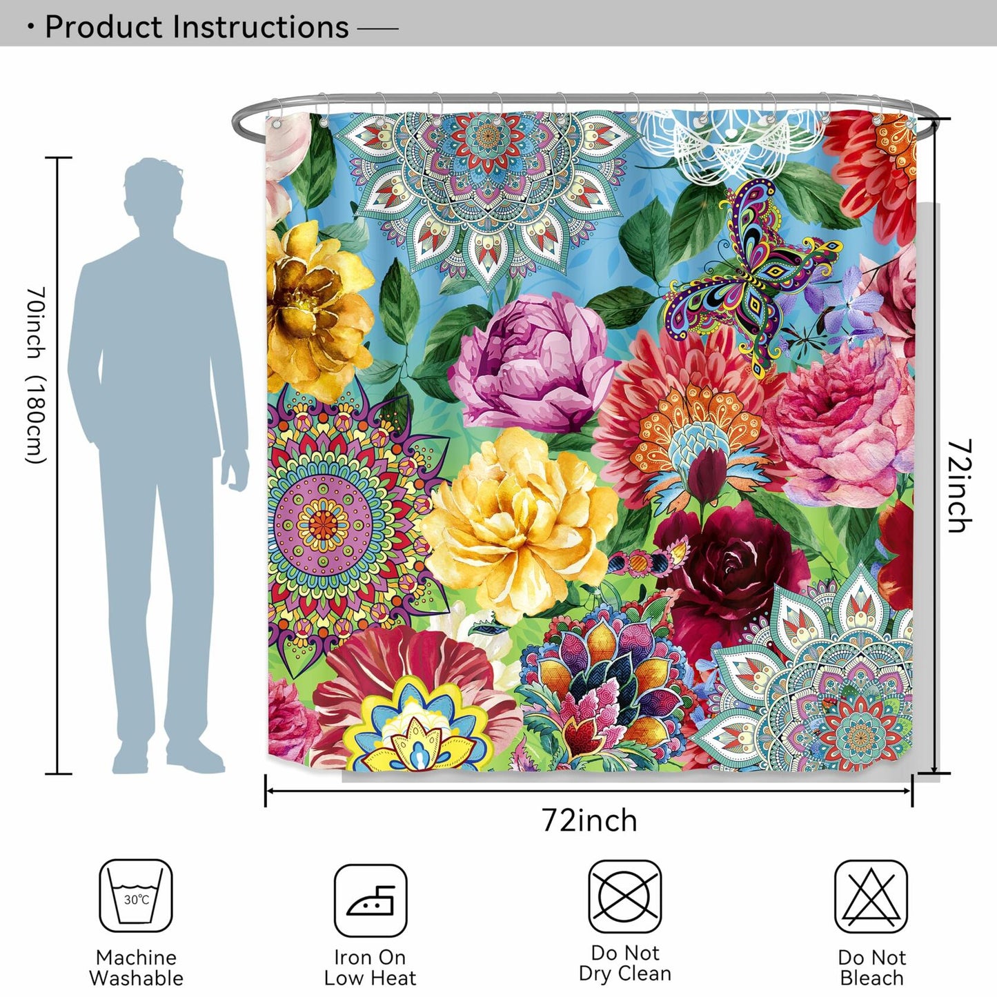 weesire Boho Floral Fabric Shower Curtain Colorful 72x72 Inch