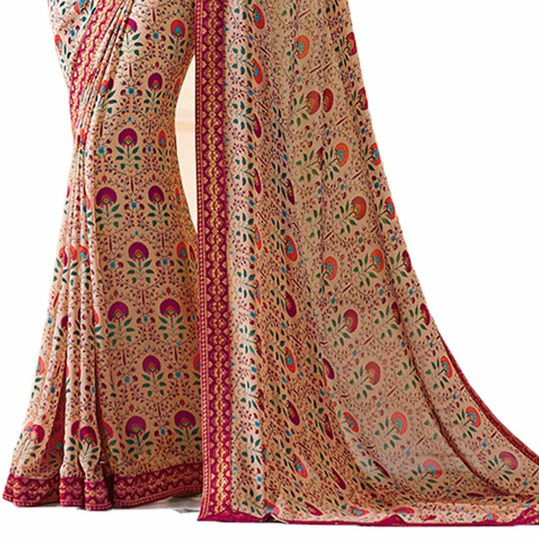 MOHIT CREATIONS Women's Partywear Printed Saree Pink Wool Georgette One Size