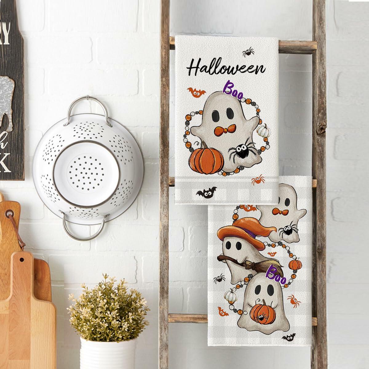 Artoid Mode Halloween Kitchen Towels Set of 2 Pumpkin Ghost Beige 18x26in
