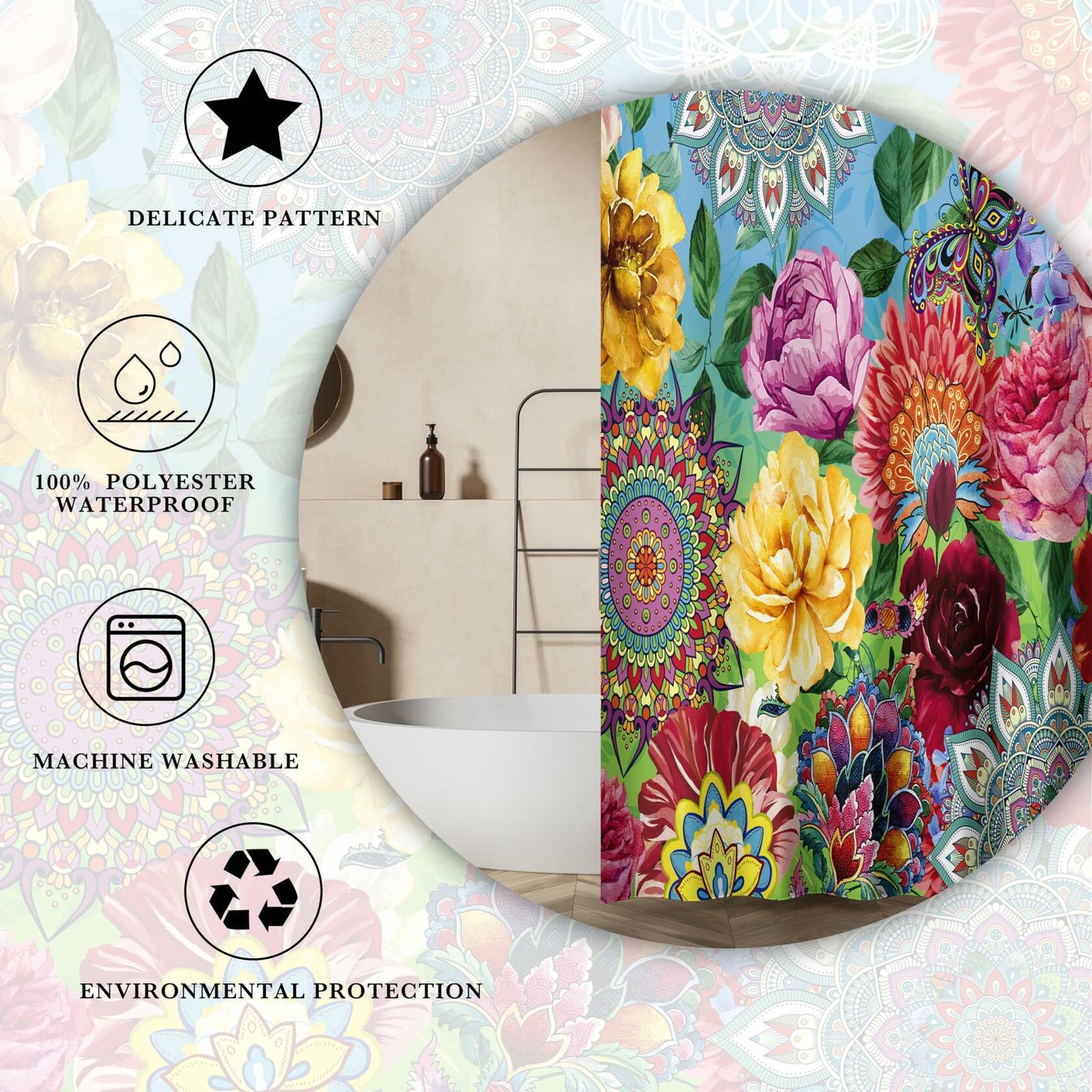 weesire Boho Floral Fabric Shower Curtain Colorful 72x72 Inch