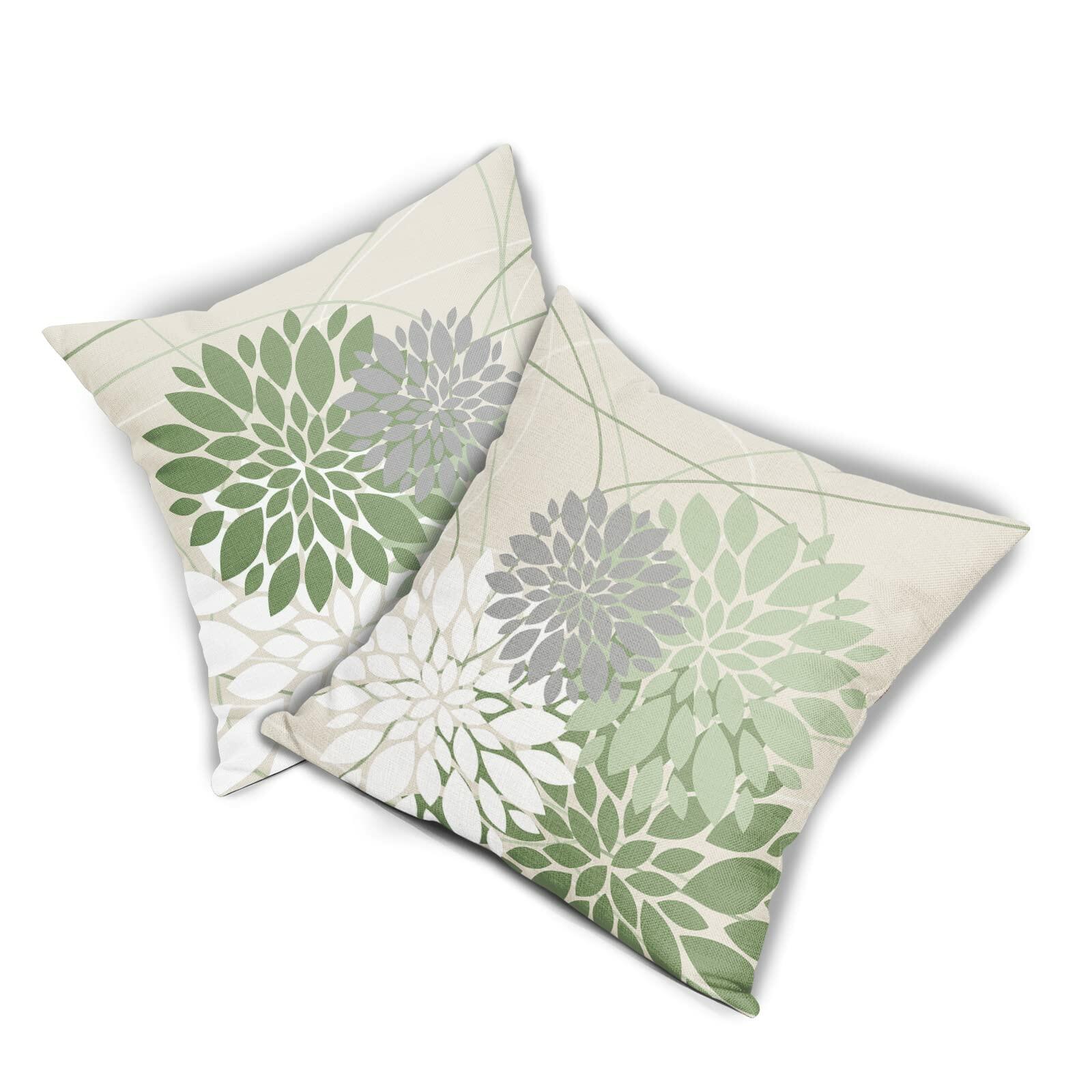 Sweetshow Sage Green Dahlia Linen Pillow Covers 18x18 Inch Set of 2