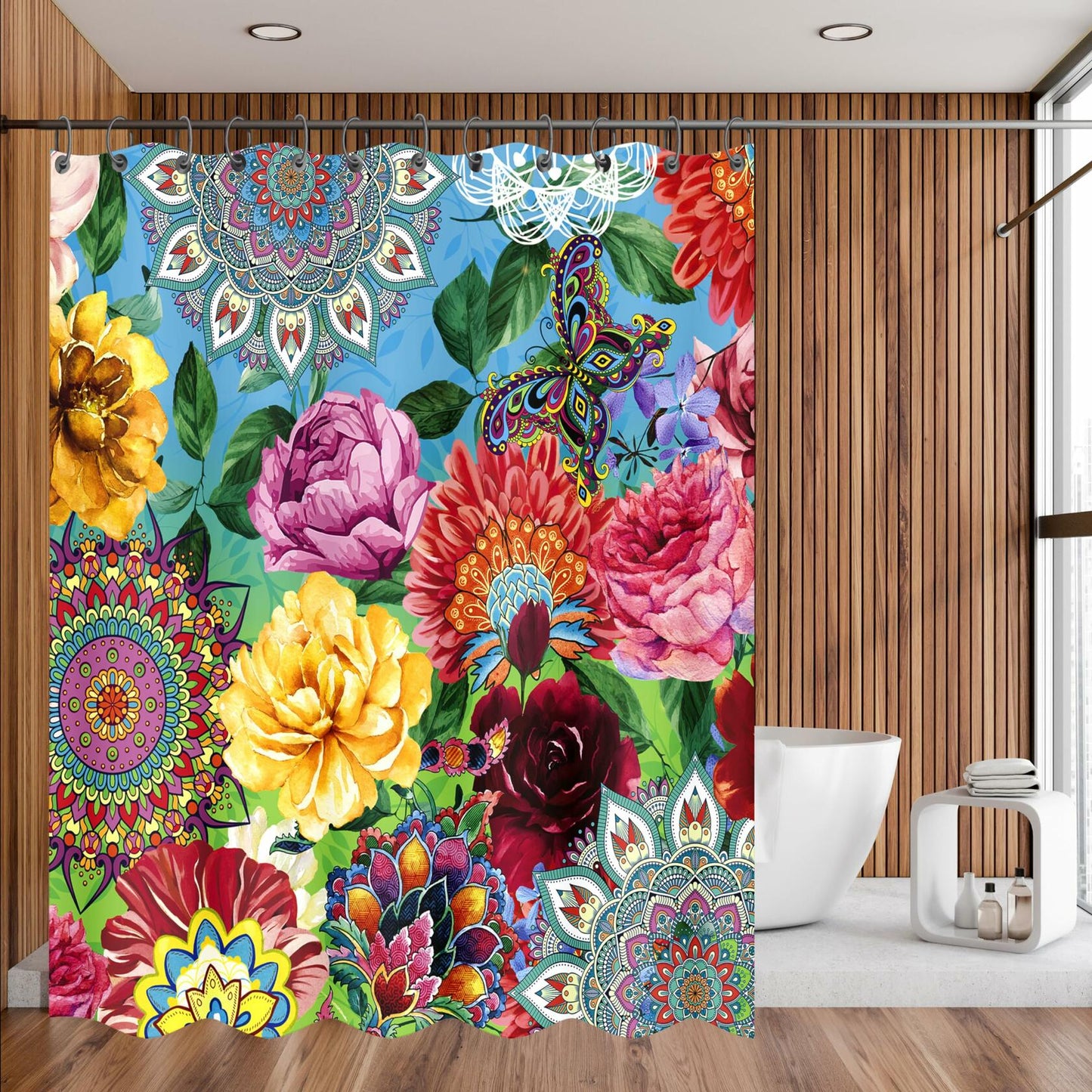 weesire Boho Floral Fabric Shower Curtain Colorful 72x72 Inch
