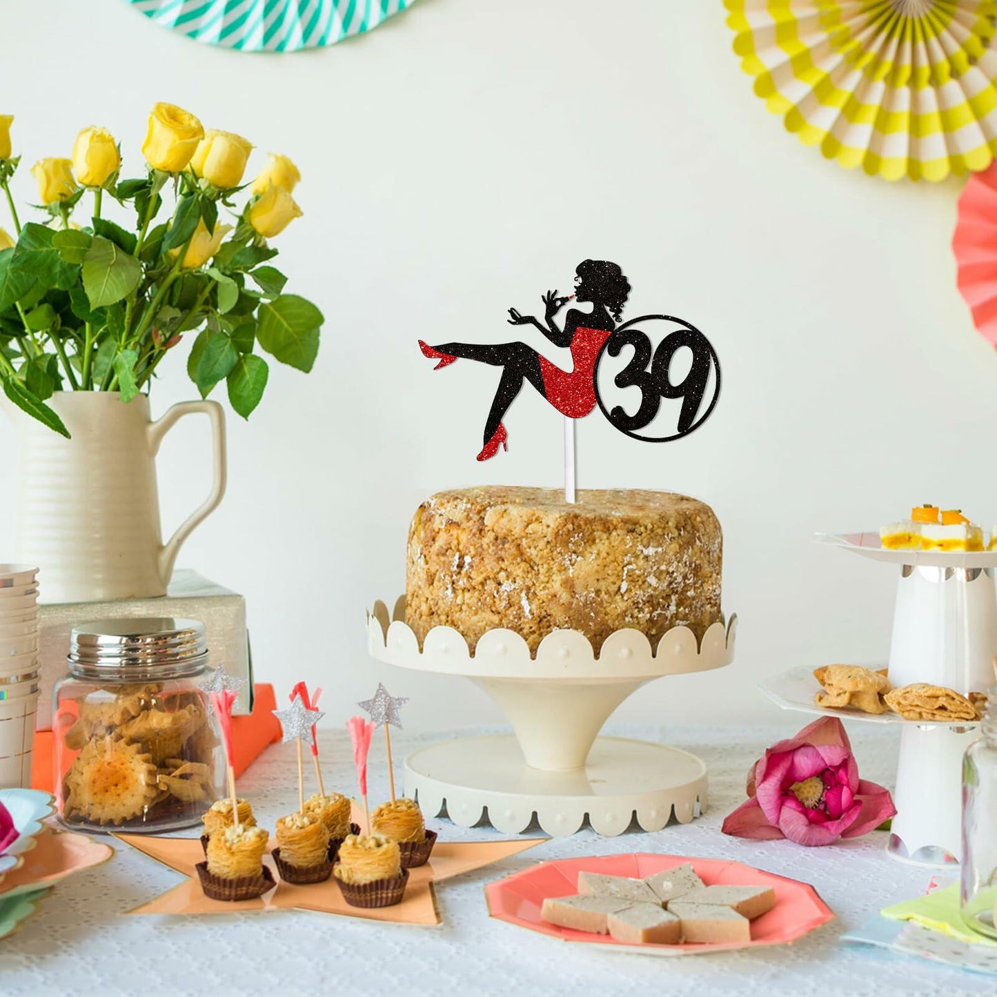 HEYUWING Red Glitter Lipstick 39 Girl Cake Topper Picks Paper Decor