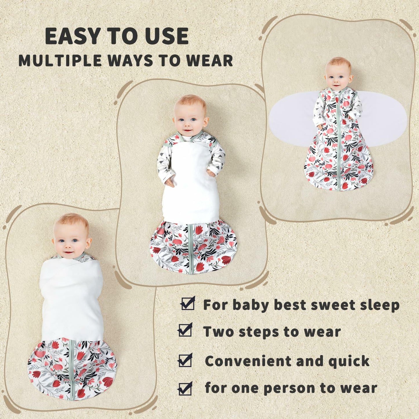 GUNTAIL Baby Sleep Sack Swaddle 3Way Adjustable Rayon Cotton Banana&Flower 6-12M