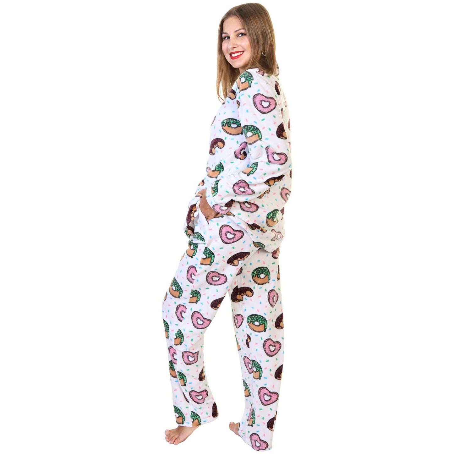Angelina Women's Cozy Fleece Pajama Set Notch Collar Pockets Donuts Size 2XL