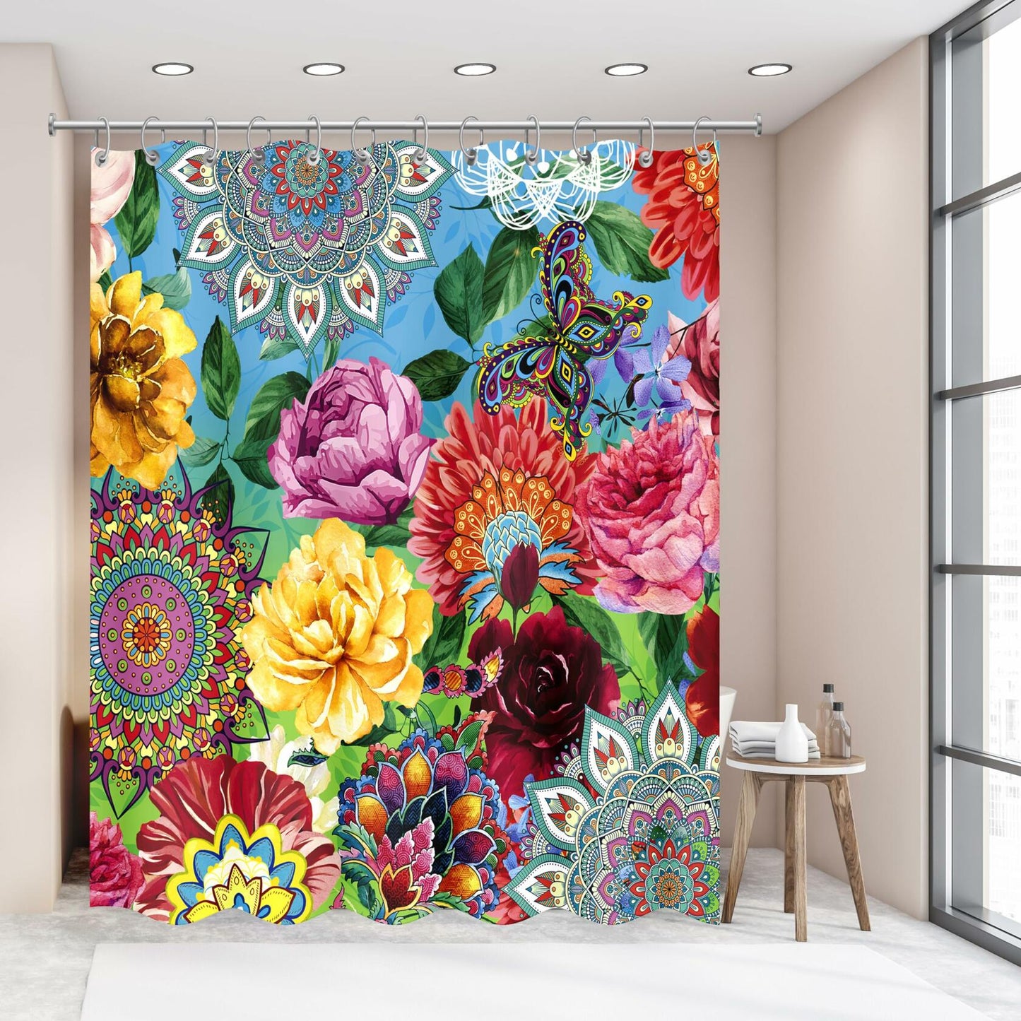 weesire Boho Floral Fabric Shower Curtain Colorful 72x72 Inch