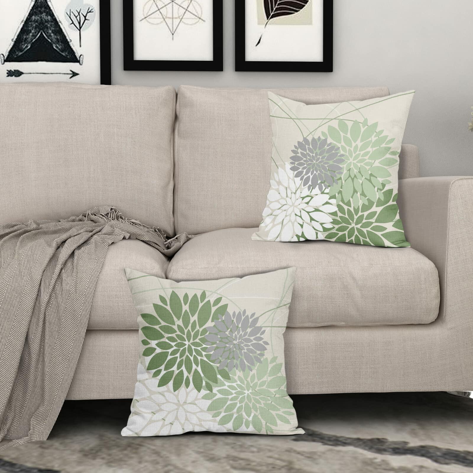Sweetshow Sage Green Dahlia Linen Pillow Covers 18x18 Inch Set of 2