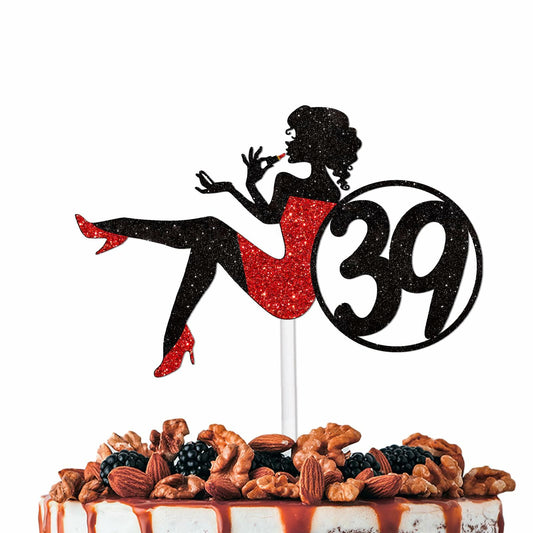HEYUWING Red Glitter Lipstick 39 Girl Cake Topper Picks Paper Decor
