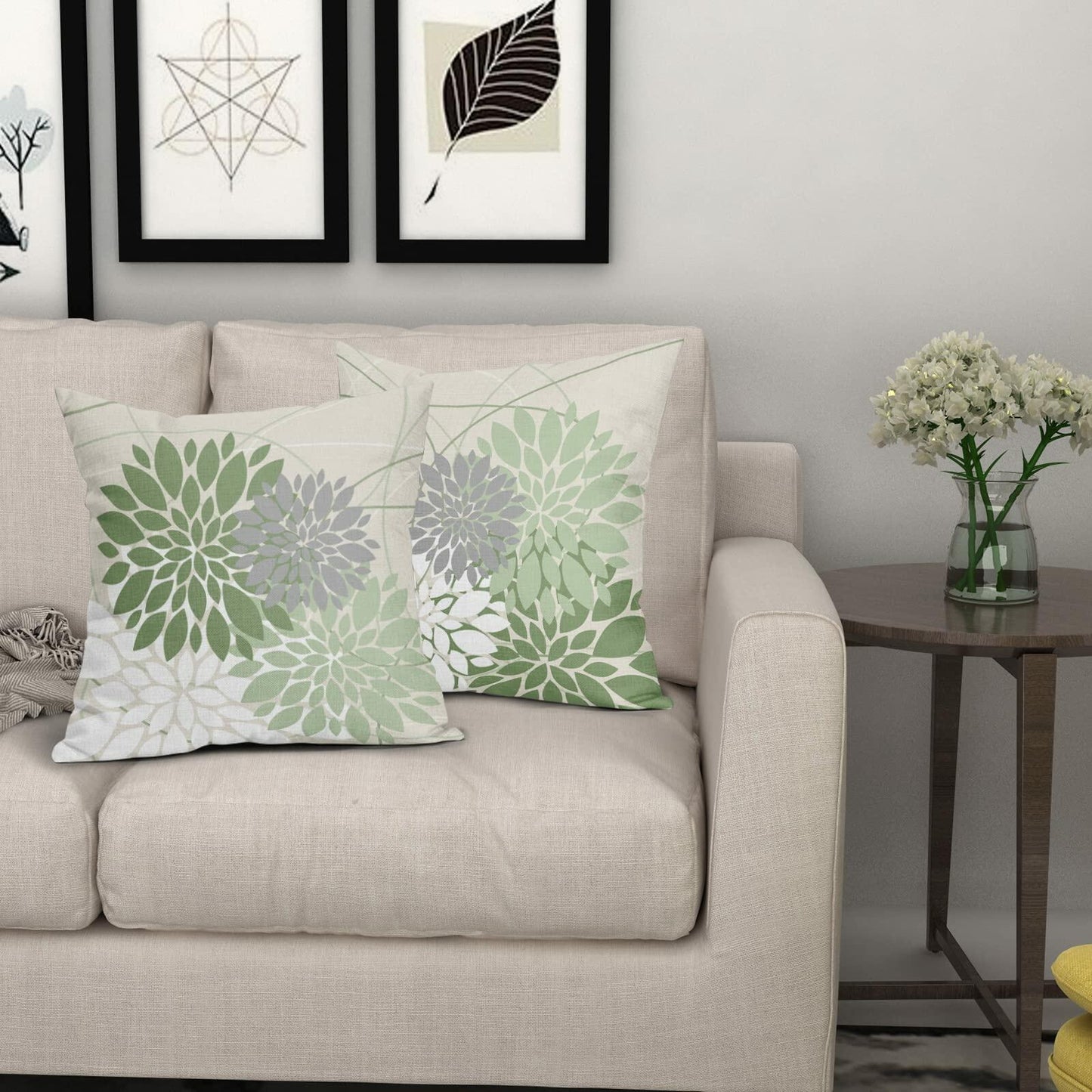 Sweetshow Sage Green Dahlia Linen Pillow Covers 18x18 Inch Set of 2