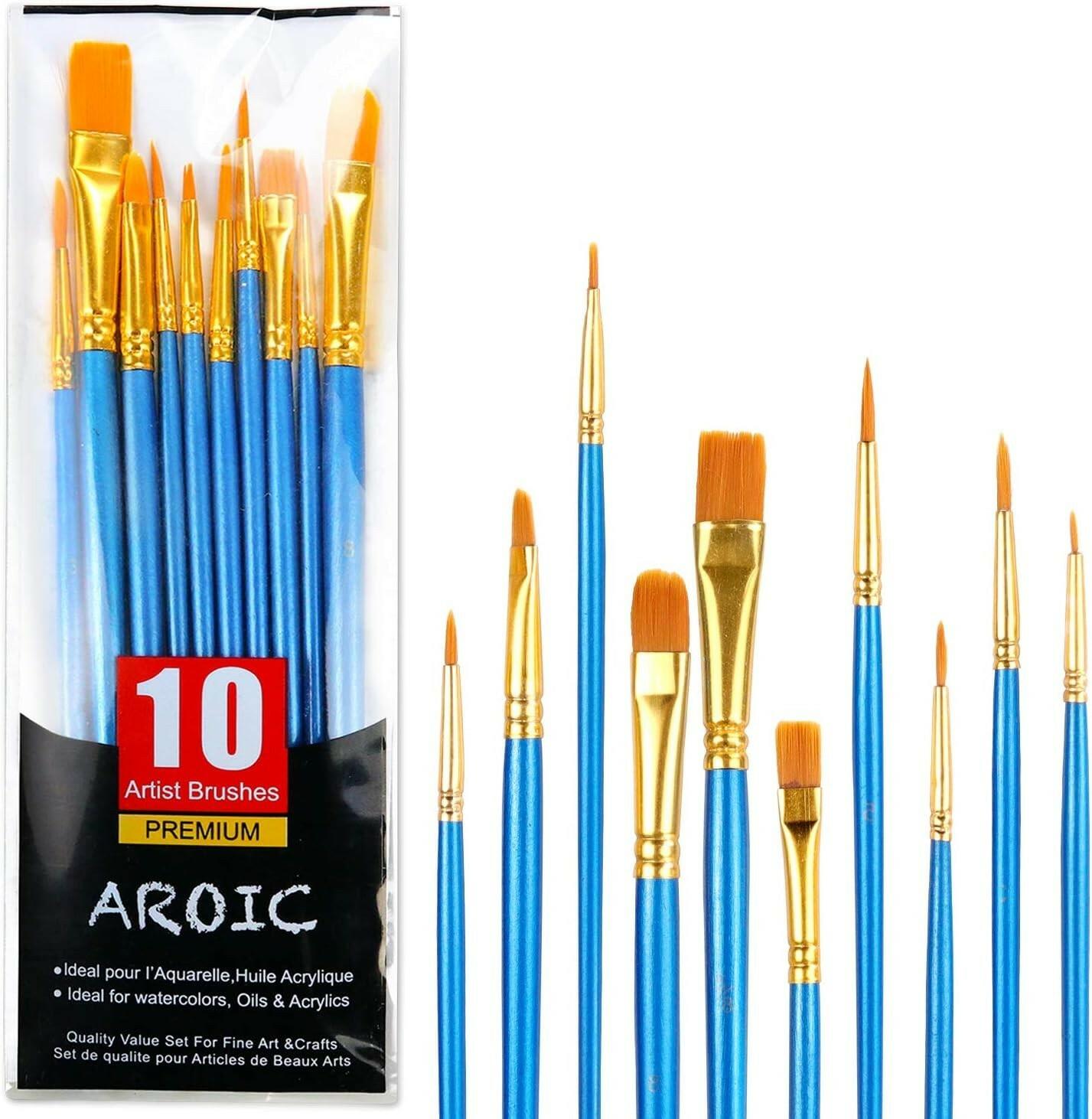 AROIC 10 Pcs Acrylic Paint Brush Set Nylon Hair Watercolor Oil Paint