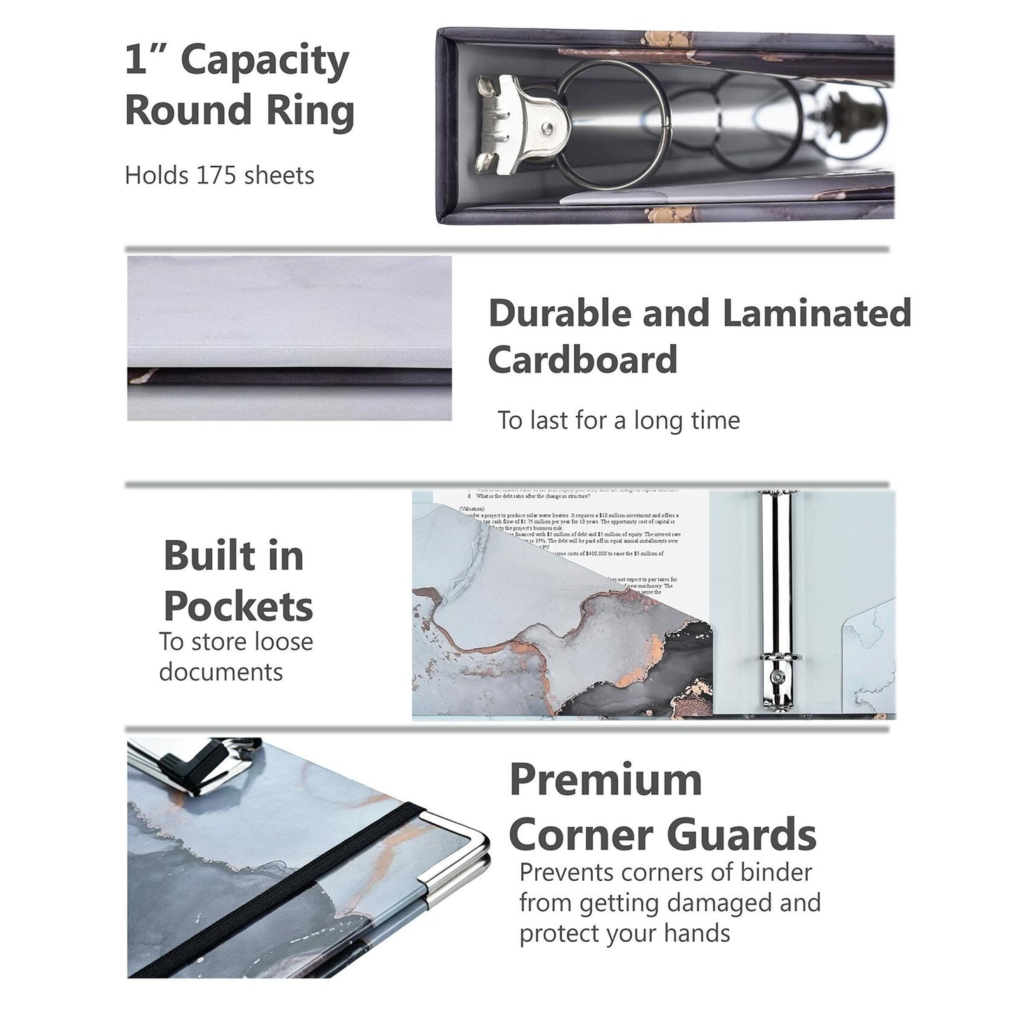 NELOVI 3 Ring Binder Letter Size 1" Black Marble Clipboard with 5-Tab Dividers