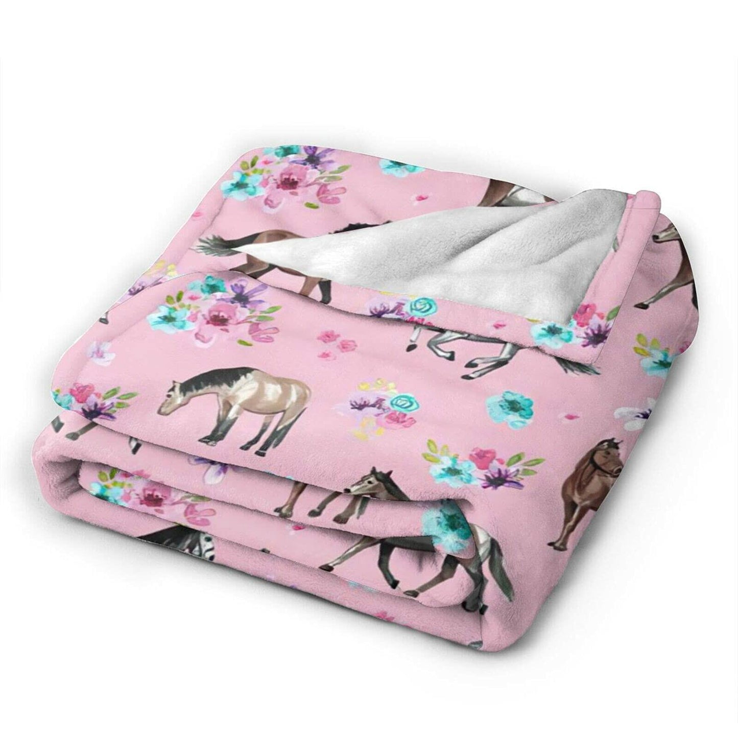 Knsoiv 3D Flannel Plush Throw Blanket Pink Horses Flowers Floral 50x40