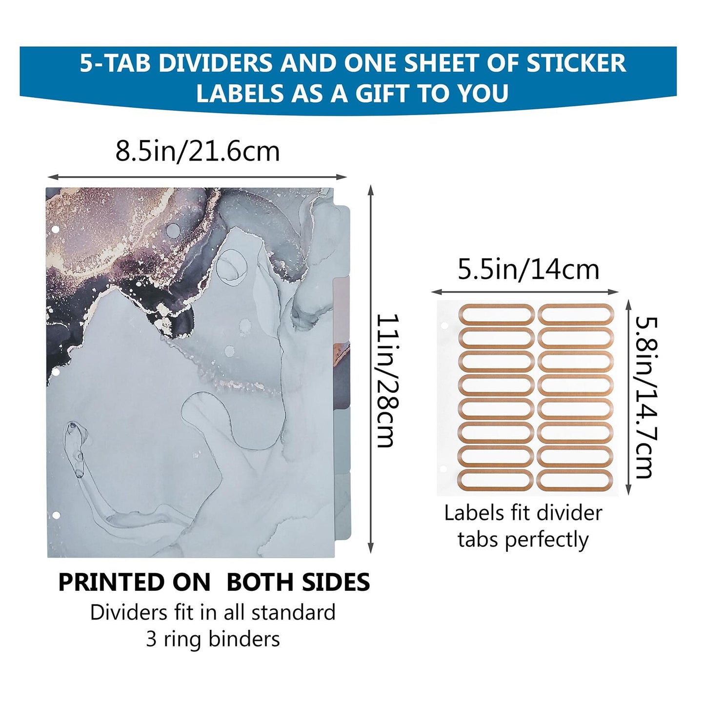 NELOVI 3 Ring Binder Letter Size 1" Black Marble Clipboard with 5-Tab Dividers