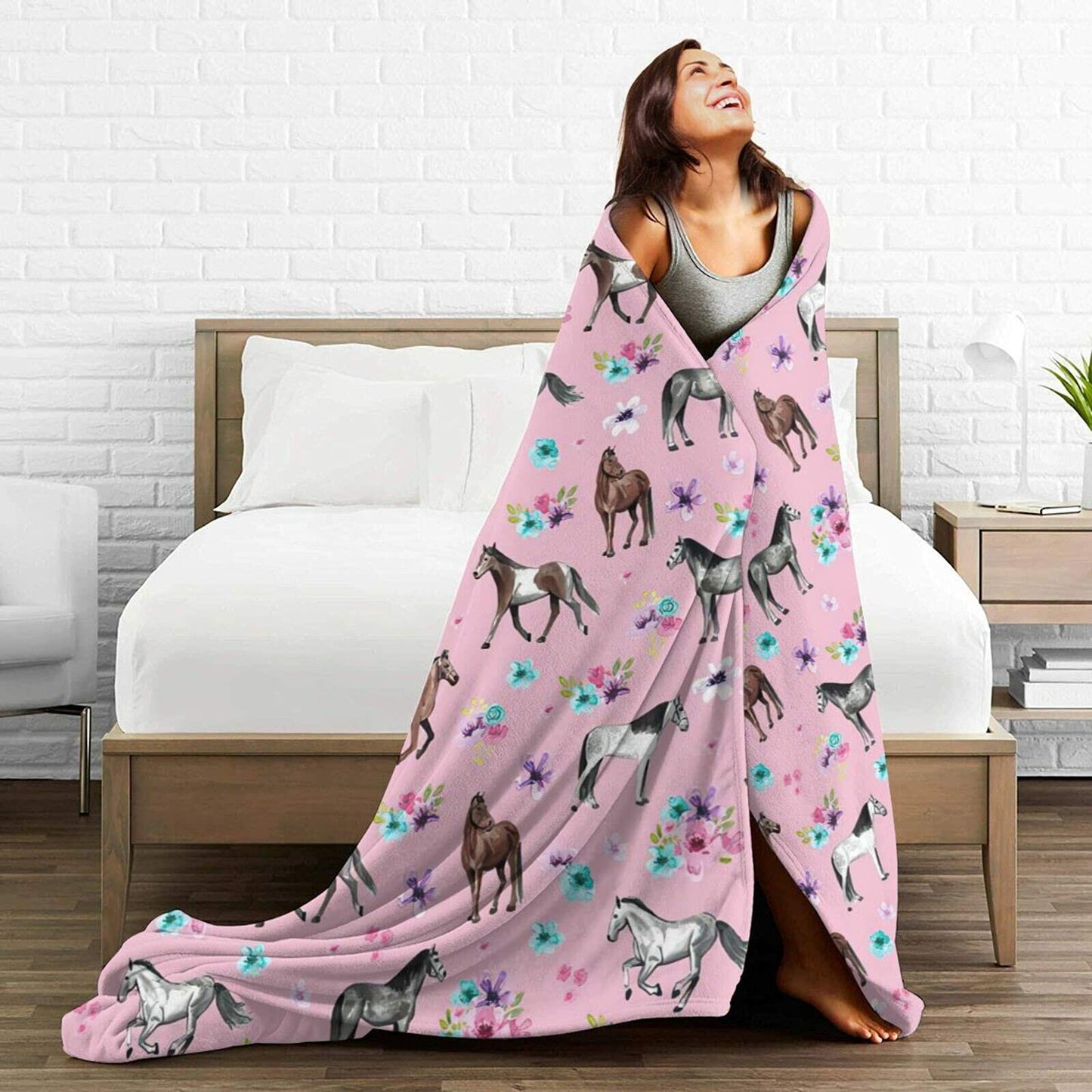 Knsoiv 3D Flannel Plush Throw Blanket Pink Horses Flowers Floral 50x40