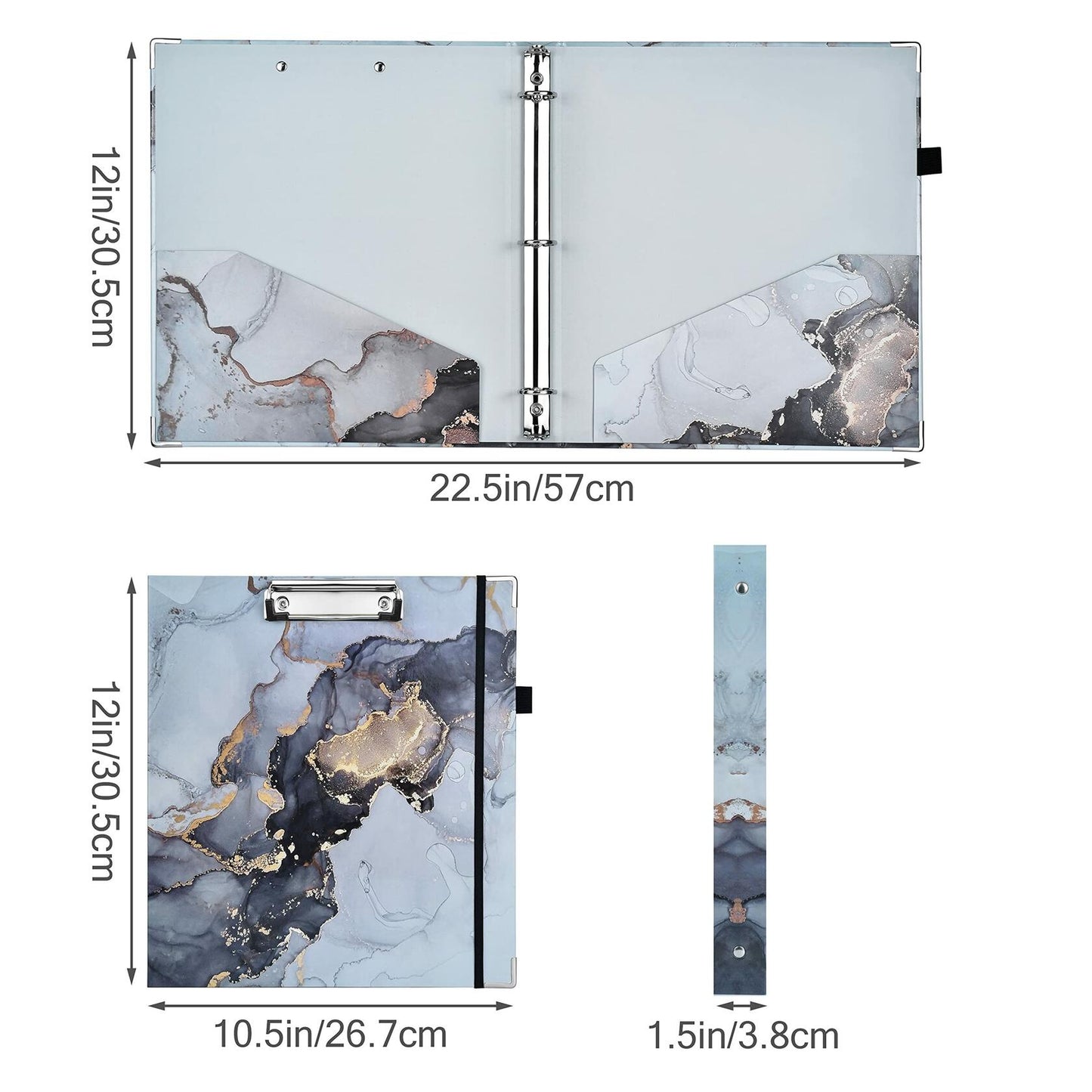 NELOVI 3 Ring Binder Letter Size 1" Black Marble Clipboard with 5-Tab Dividers