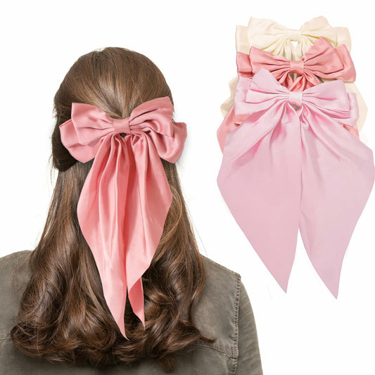 HUFITION Satin Metal Hair Bow Clips 3 PCS Beige Hot Pink Light Pink
