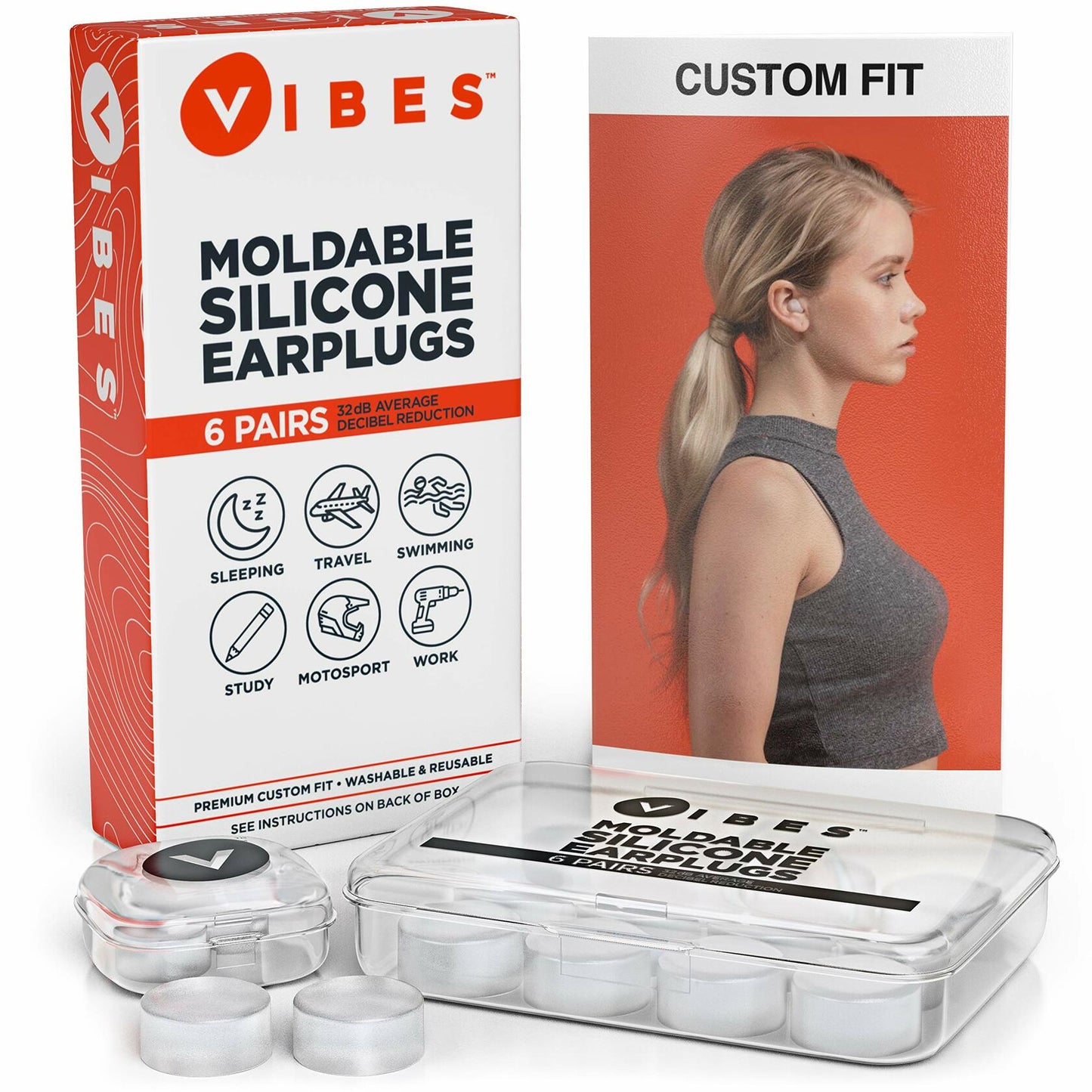 Vibes Silicone Ear Plugs Waterproof Moldable Gel Noise Blocking 6 Pairs