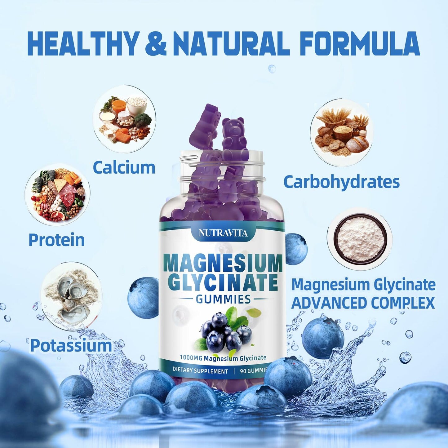 BestBy09/26 Nutravita Magnesium Glycinate Gummies 1000mg 90ct Blueberry