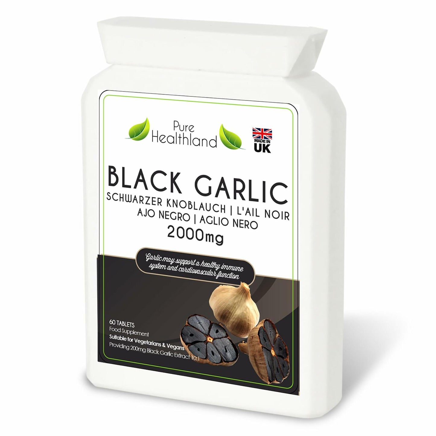 Pure Healthland Black Garlic Supplement Vegan Tablets UK 1 Bottle