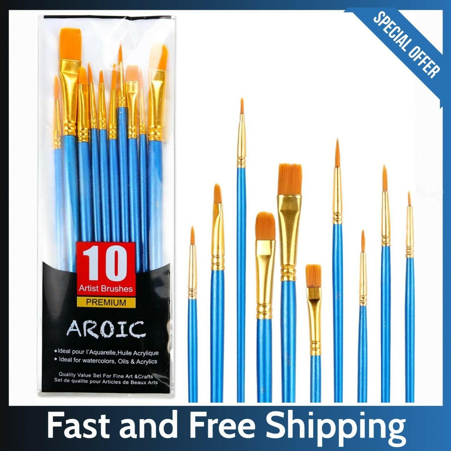 AROIC 10 Pcs Acrylic Paint Brush Set Nylon Hair Watercolor Oil Paint