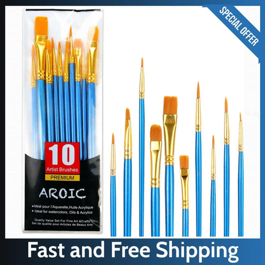 AROIC 10 Pcs Acrylic Paint Brush Set Nylon Hair Watercolor Oil Paint
